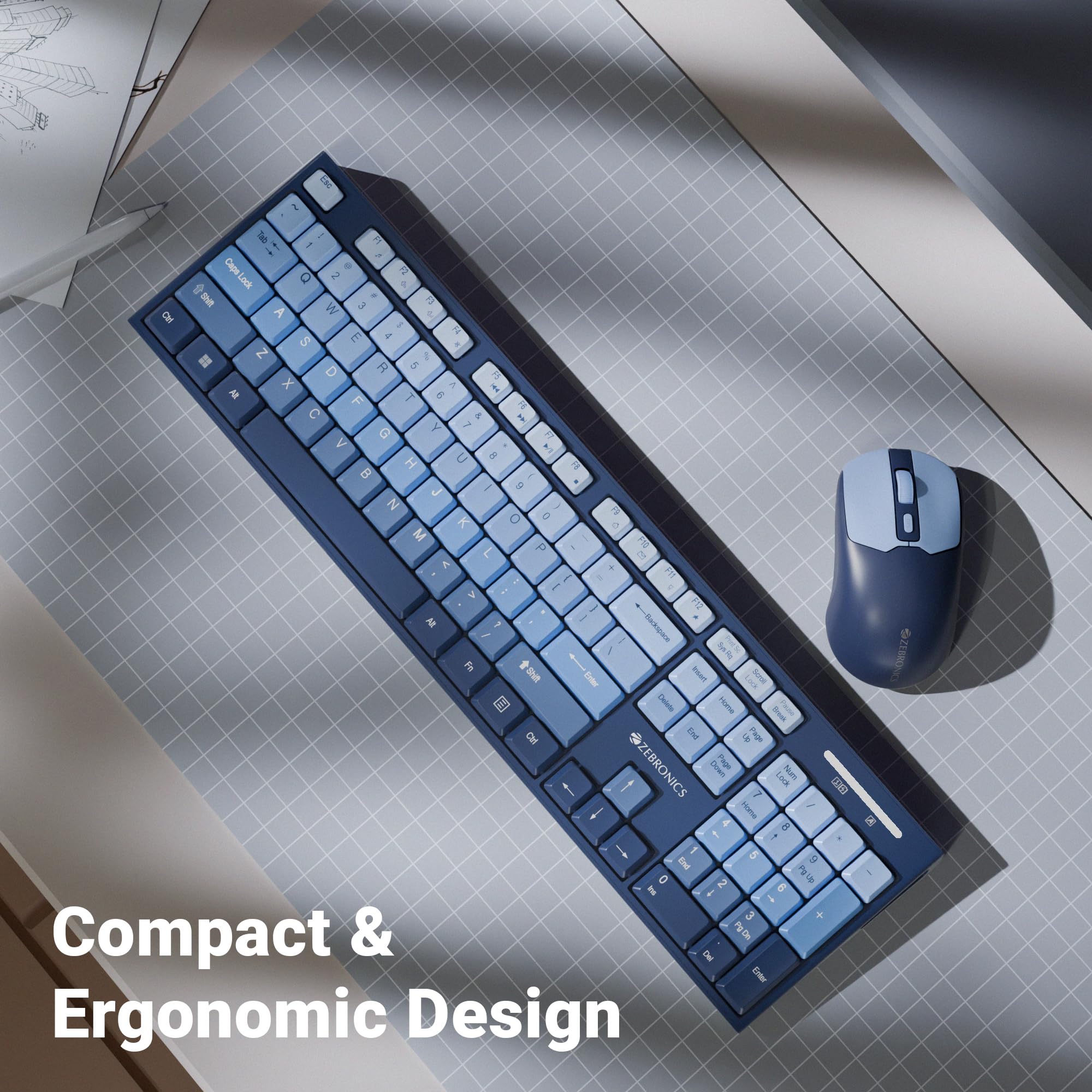 Zebronics Wireless Keyboard & Mouse Combo, 104 UV-Printed Keys, ₹ Key, 12 Multimedia Keys, Retractable Stand, 4 Button Mouse, 1600 DPI, High Precision, USB Nano Receiver (Companion 304, Dark Blue) — Amazon image 7