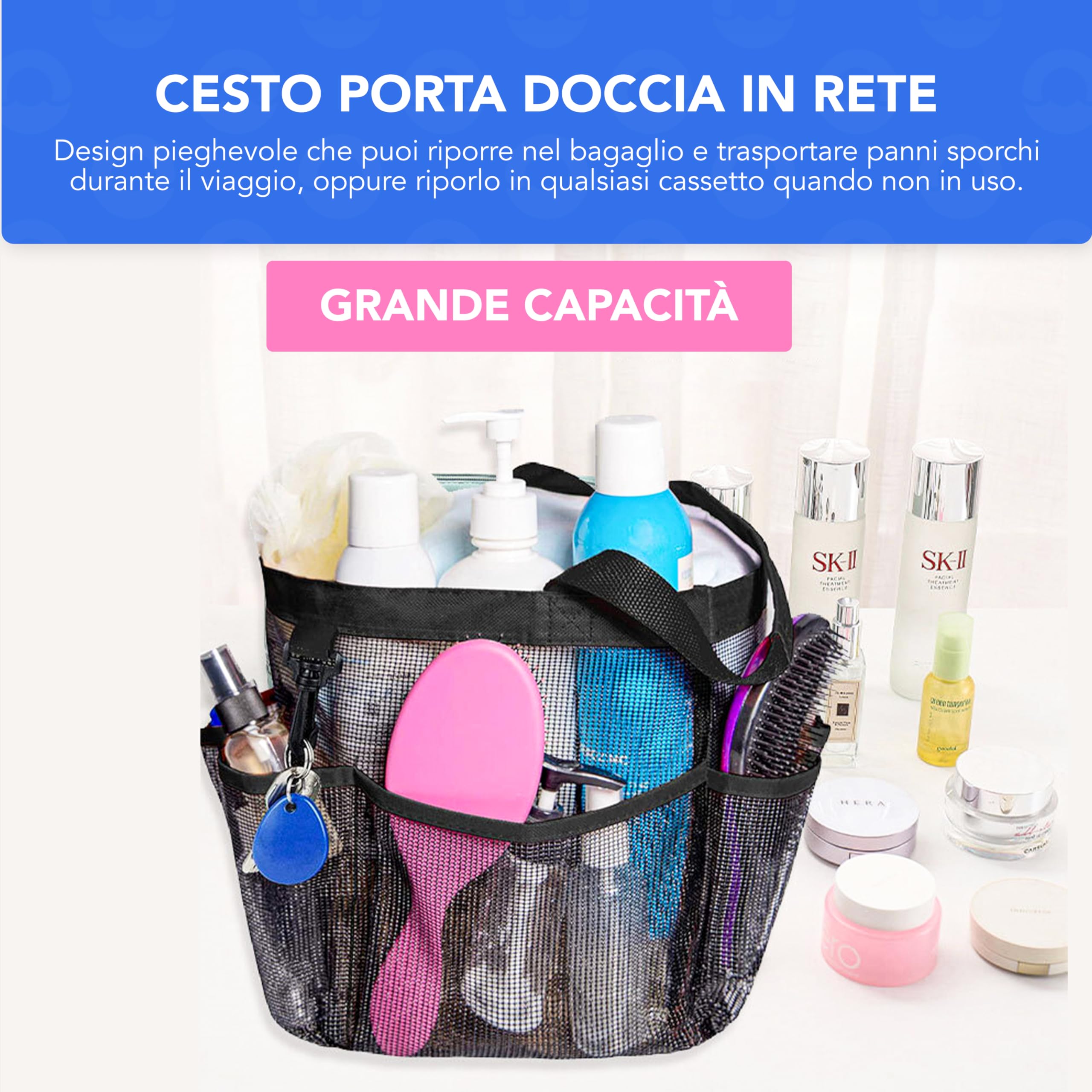Bamodi Mesh Shower Caddy Basket/Hanging Portable Shower Tote Bag Cestino da doccia a rete – Borsa da toilette trasparente Tote Bag Organizer da appendere – per donne e donne, asta appendiabiti