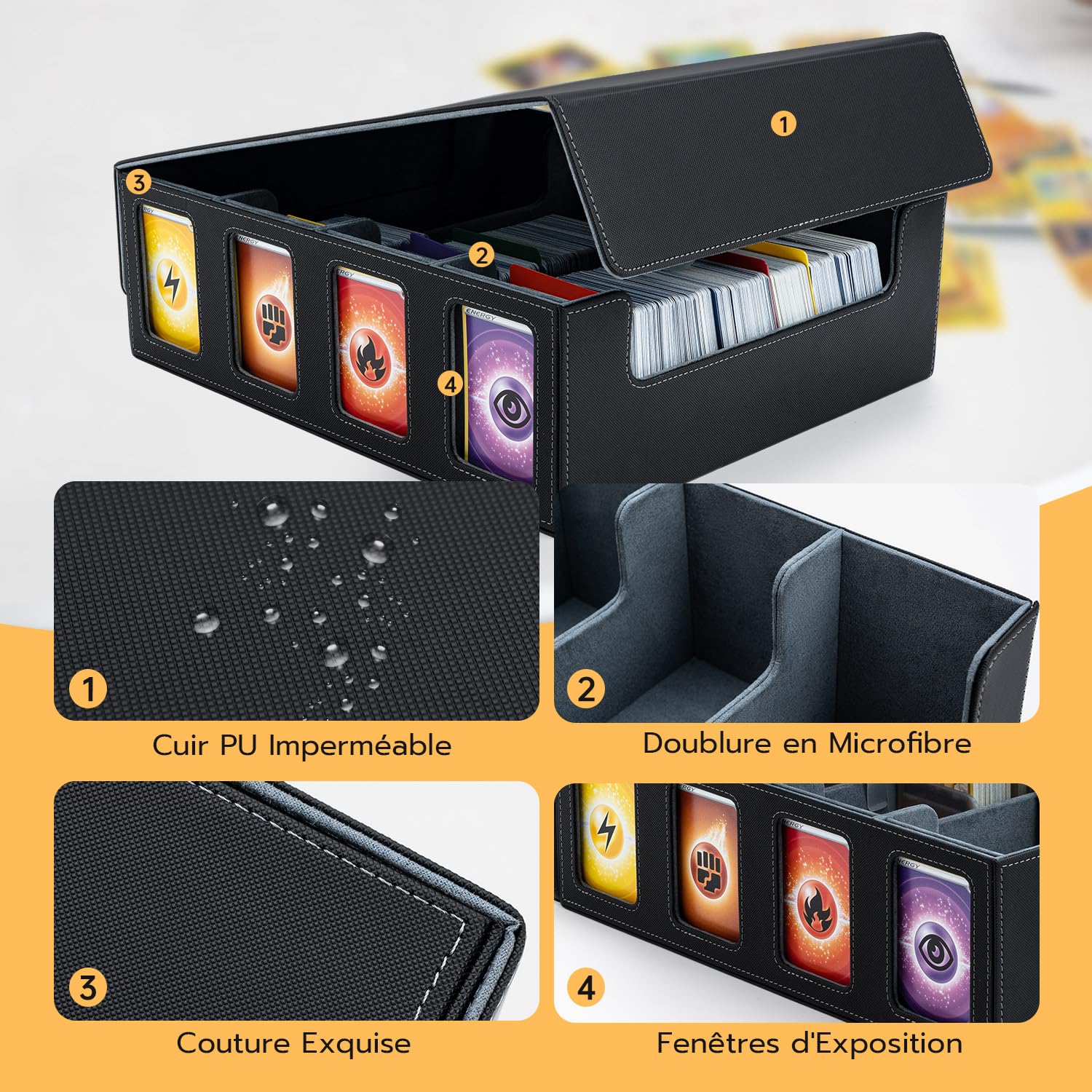 Boîte à Cartes Pour MTG, 4 Rangées Deck Box Pour plus de 3200 cartes, Boîte à Rabat Magnétique Avec Cuir Pu Pour Cartes Magic Commander TCG avec 12 séparateurs multicolores et 8 clips – Noir