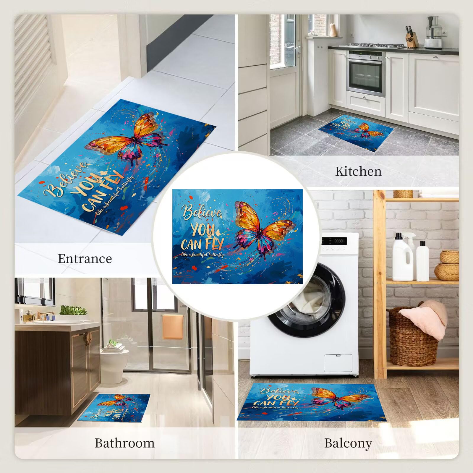 Zerbino Ingresso Interno Animali Farfalla Graffiti, Zerbino Di Benvenuto Lavabile Morbida Slogan Motivazionale, Antiscivolo Tappeto Da Decorazioni Blu Per Casa Porta, 60X90Cm
