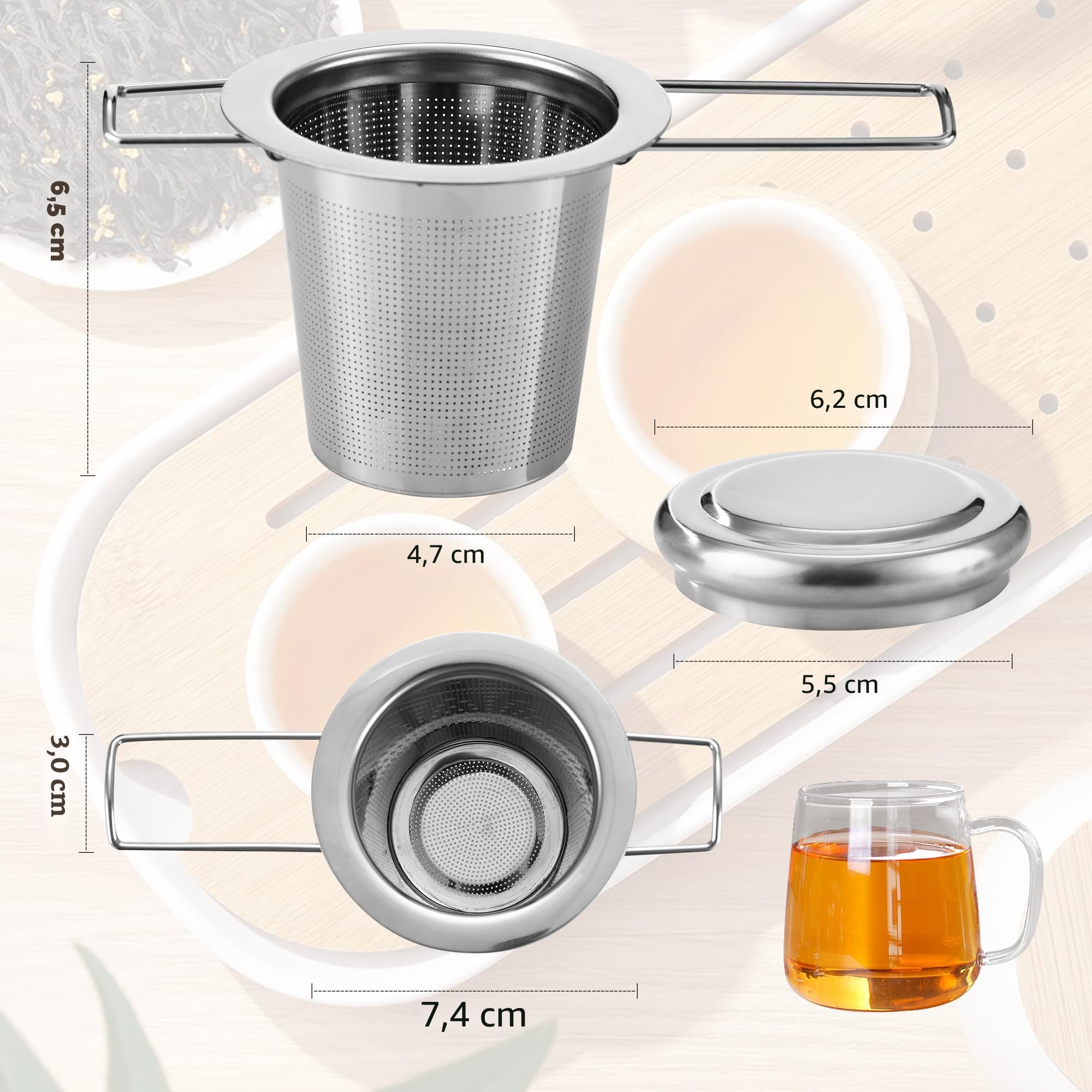 Infusor de Té Acero Inoxidable 304, Filtro para Té con Tapa y Mango Plegable, 2 Piezas Reutilizable