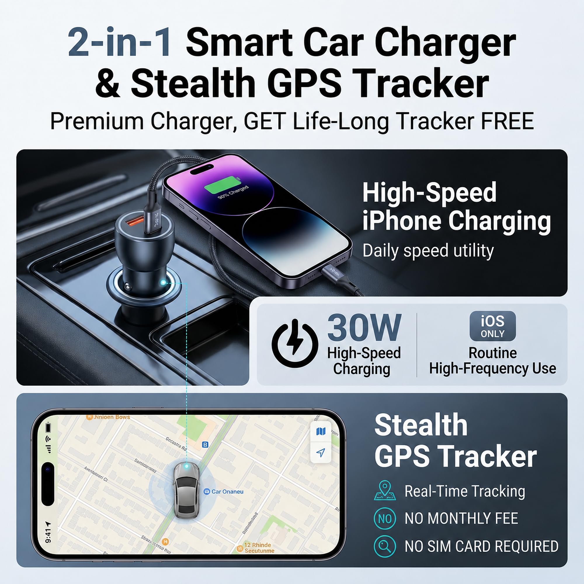 Localizzatore GPS 2 in 1 per veicoli e caricabatterie da auto, localizzatore per accendisigari con doppia porta USB-A e USB-C di ricarica rapida, funziona con Apple Find My, dispositivo di