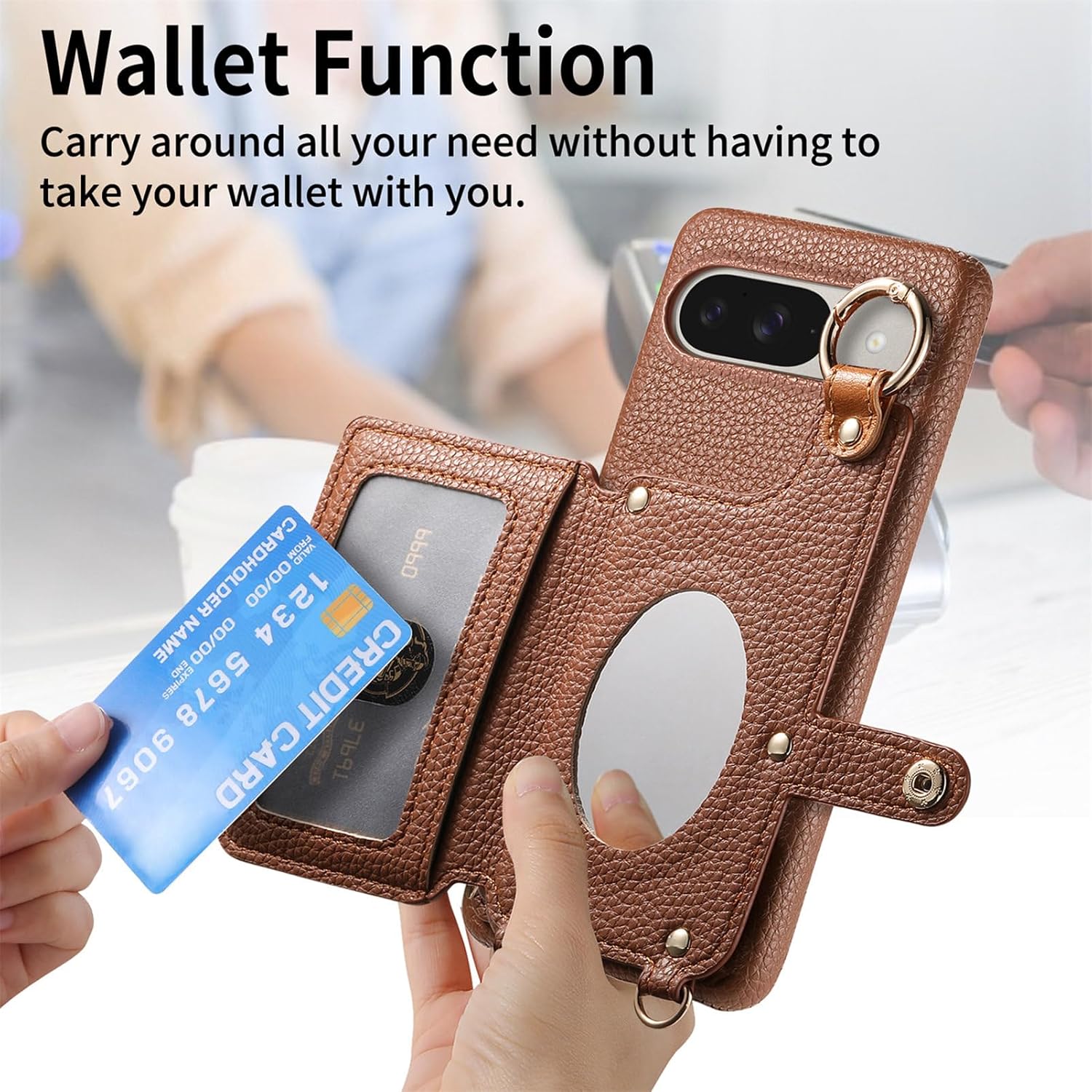 Wallet Case for Google Pixel 9 Pro XL with Lanyard Strap Card Slot Holder RFID Blocking 360° Ring Kickstand,Magnetic Flip Folio Zipper Purse Case, PU Leather Cover Handbag,Brown
