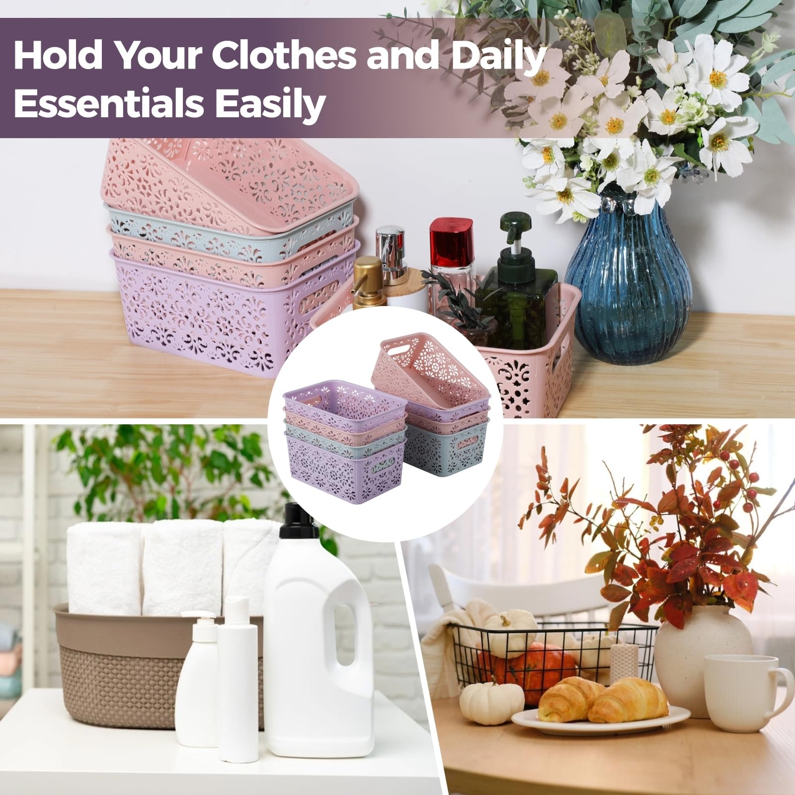 8 cestas de almacenamiento de plástico, organizadores apilables con asas, contenedores de diseño hueco para baño, oficina, escuela y almacenamiento de patrón floral,