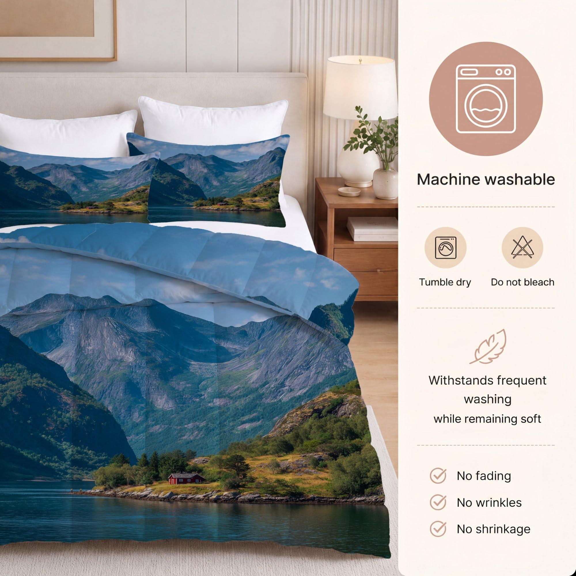 Landschaft Berge See Hütte Bettdecke Ohne Bezug 135x200 cm 4 Jahreszeiten Blau Bedruckte Decke mit 2 Kissenbezügen, Weiche Mikrofaser Steppdecke für Schlafzimmer