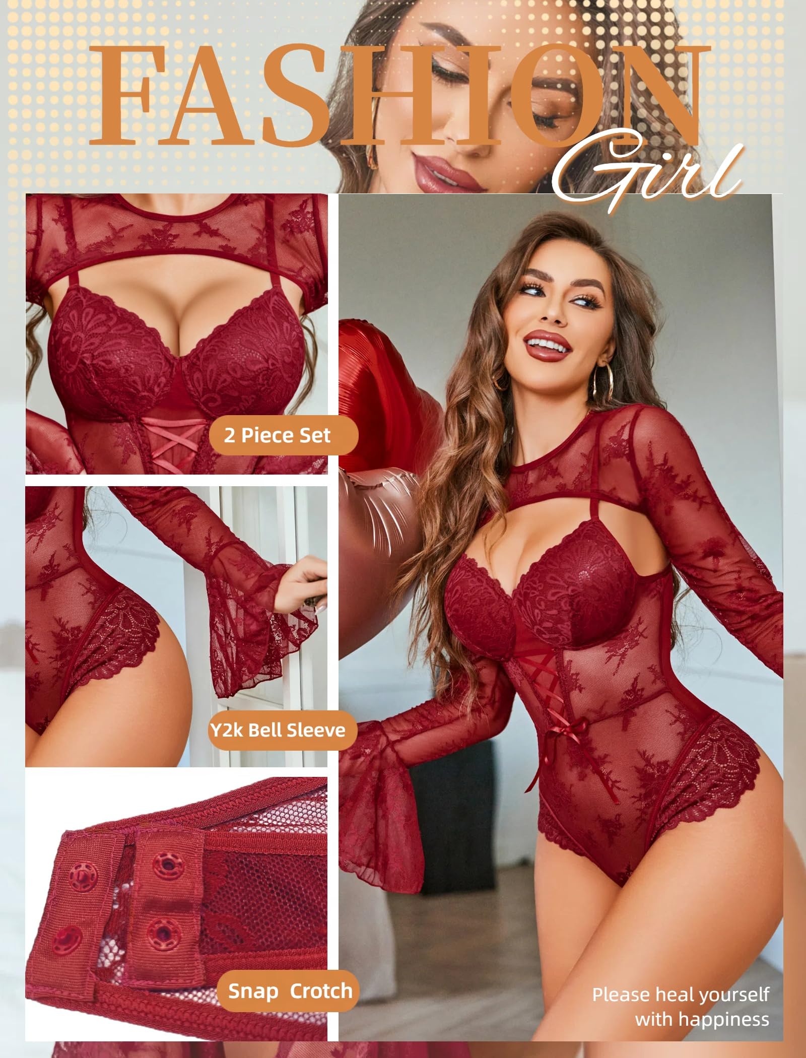 Avidlove Women Lace Bodysuit with Crop Top Sexy Going Out Bodysuit Floral Lace Lingerie Set Sexy Rave Outfits: C-wine Red Medium