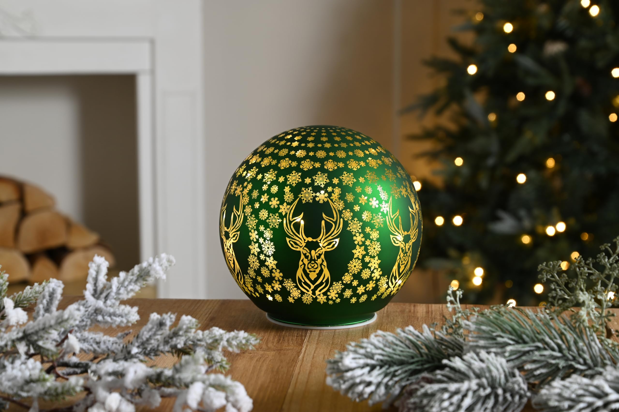 Festive Productions Green Festive Productiions 15Cm And Gold Light Up Reindeer Ball Tabletop Decoration