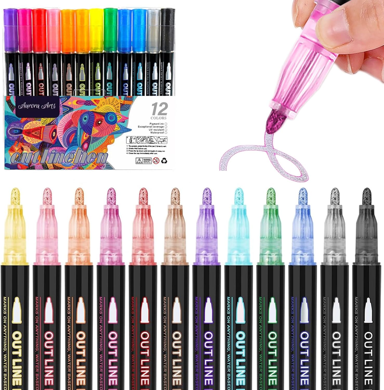 Aurora Arts 12 Color Outline Markers, Metallic Glitter
