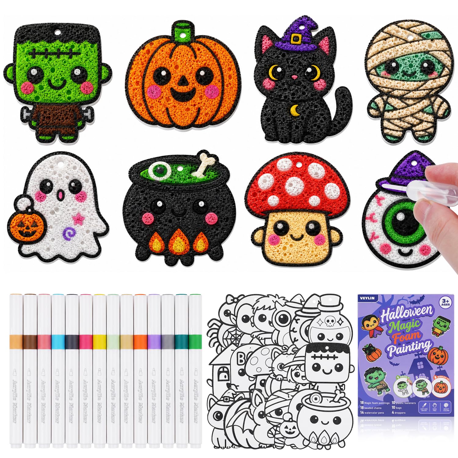 VEYLIN Halloween 3D Magic Foam Texture Painting Kit, 74 Pcs Puffy Paint Art