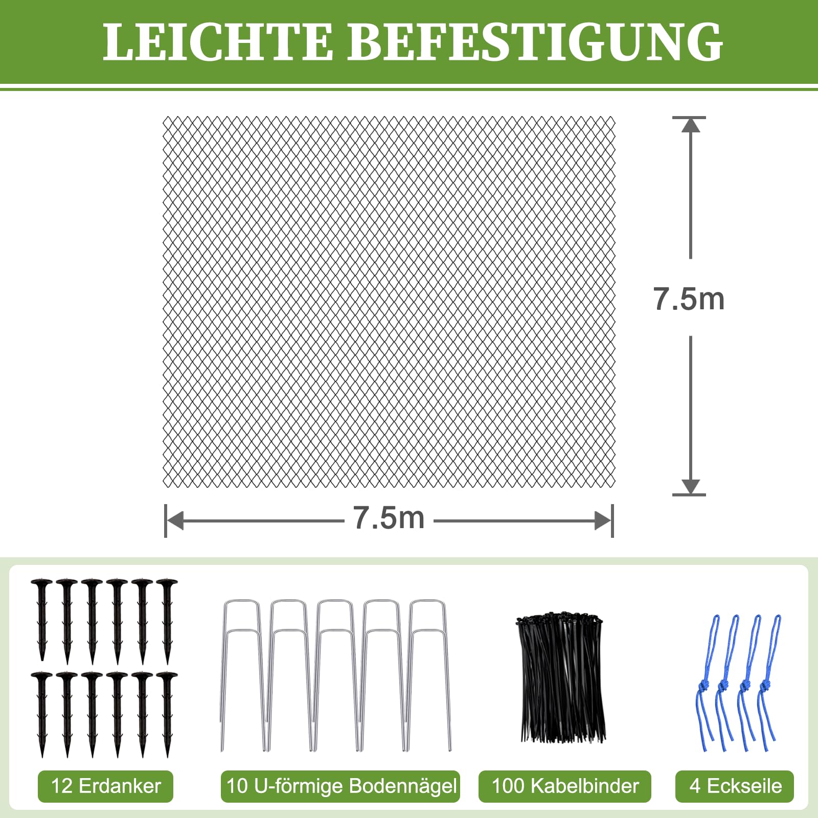 15m x 15m Vogelschutznetz, Vogelnetz mit 2.5cm Feinmaschig für Gartennetz, Teichnetz als Katzennetz für Balkon, UV-beständig Obstbäumenetz Laubnetz mit 6 Bodenanker