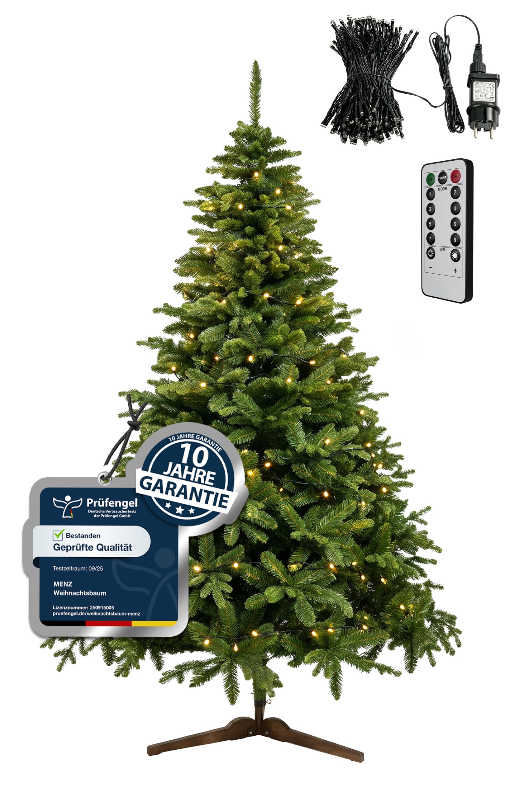 Menz Weihnachtsbaum mit Beleuchtung 220 cm, LED-Lichterkette im Set | Künstlicher Weihnachtsbaum mit Beleuchtung, 220 LED warmweiß, Fernbedienung, dimmbar, 8 Modi, Timer, TESTSIEGER