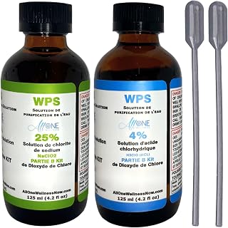 AllOne Wellness | WPS Chlorine Dioxide KIT ClO2 Glass Sodium Solution 25% HCL 4% 2 Part CDS KIT 125 ml 4.2 oz Product of Canada Water Purification Solution Drops for Camping, Hiking and Emergencies