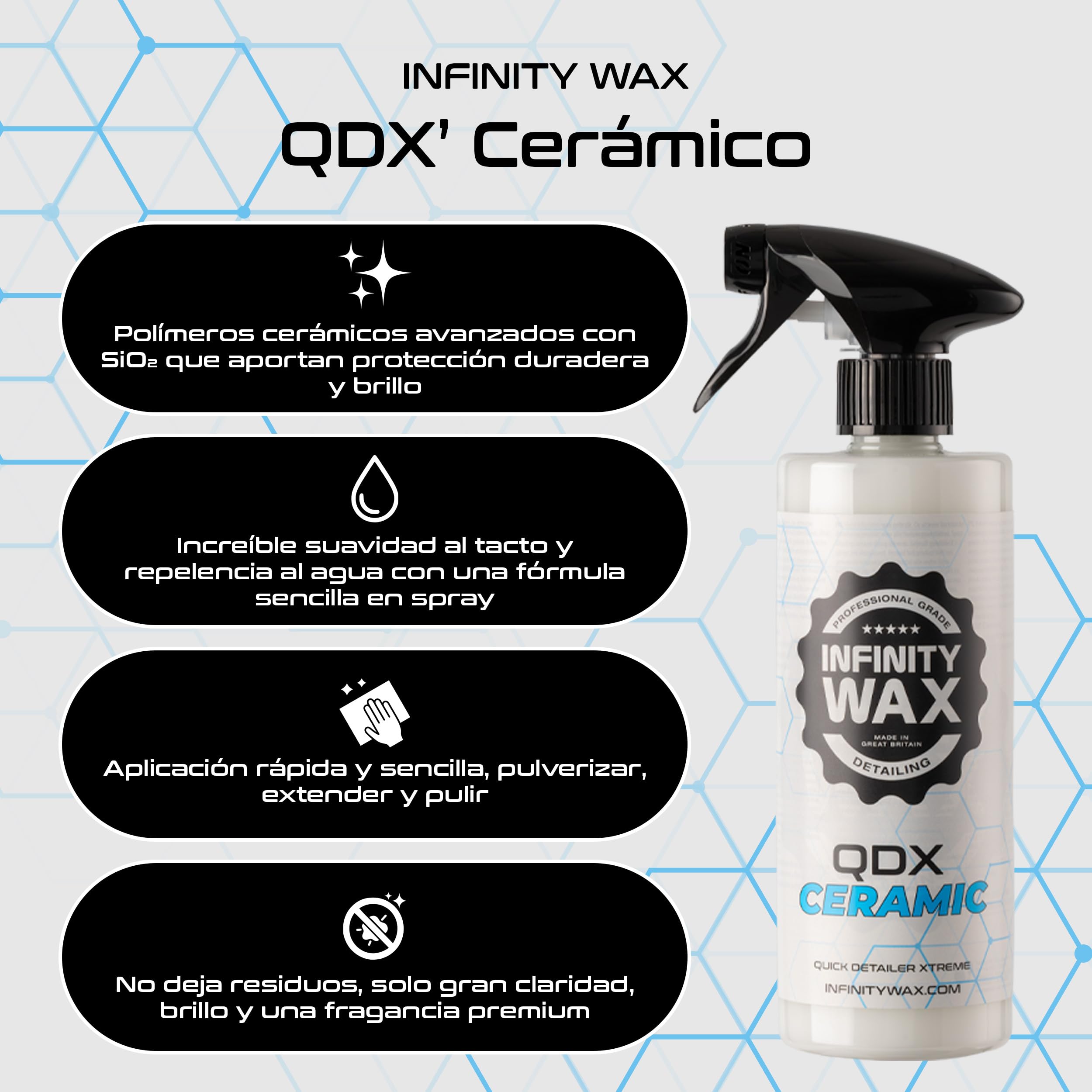 Infinity Wax QDX Ceramic Detailer 1L - SiO Quick Detailer Spray Brillo extremo, agua brillante y suave, protección fácil contra rociado, topper cerámico seguro, acabado hidrofóbico duradero