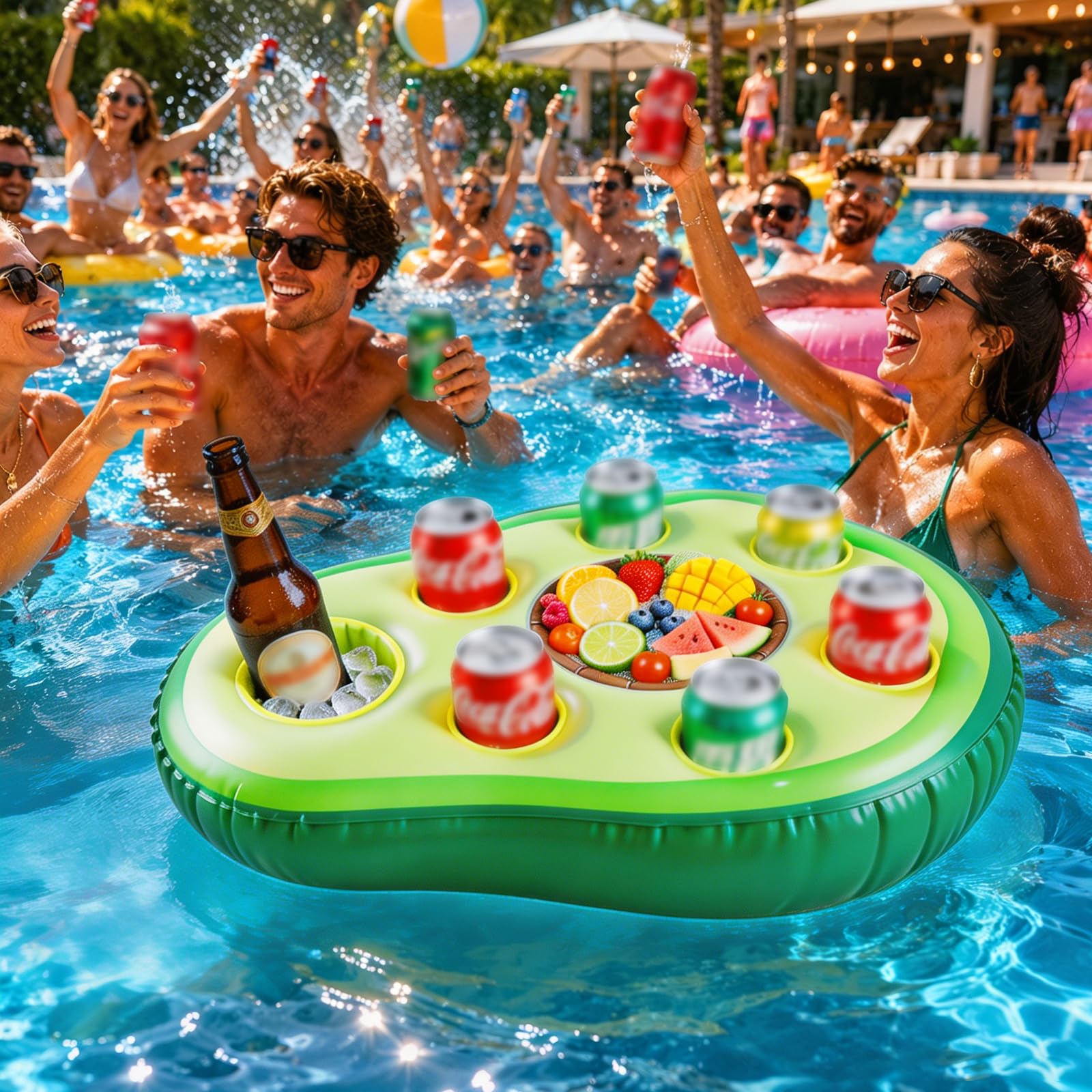 Posavasos Flotante Inflable CLIUNT Para Piscina, 6 Agujeros Para Bebidas + 2 Para Móviles, Estable, De PVC, Ideal Para Verano En Spa, Playa O Piscina