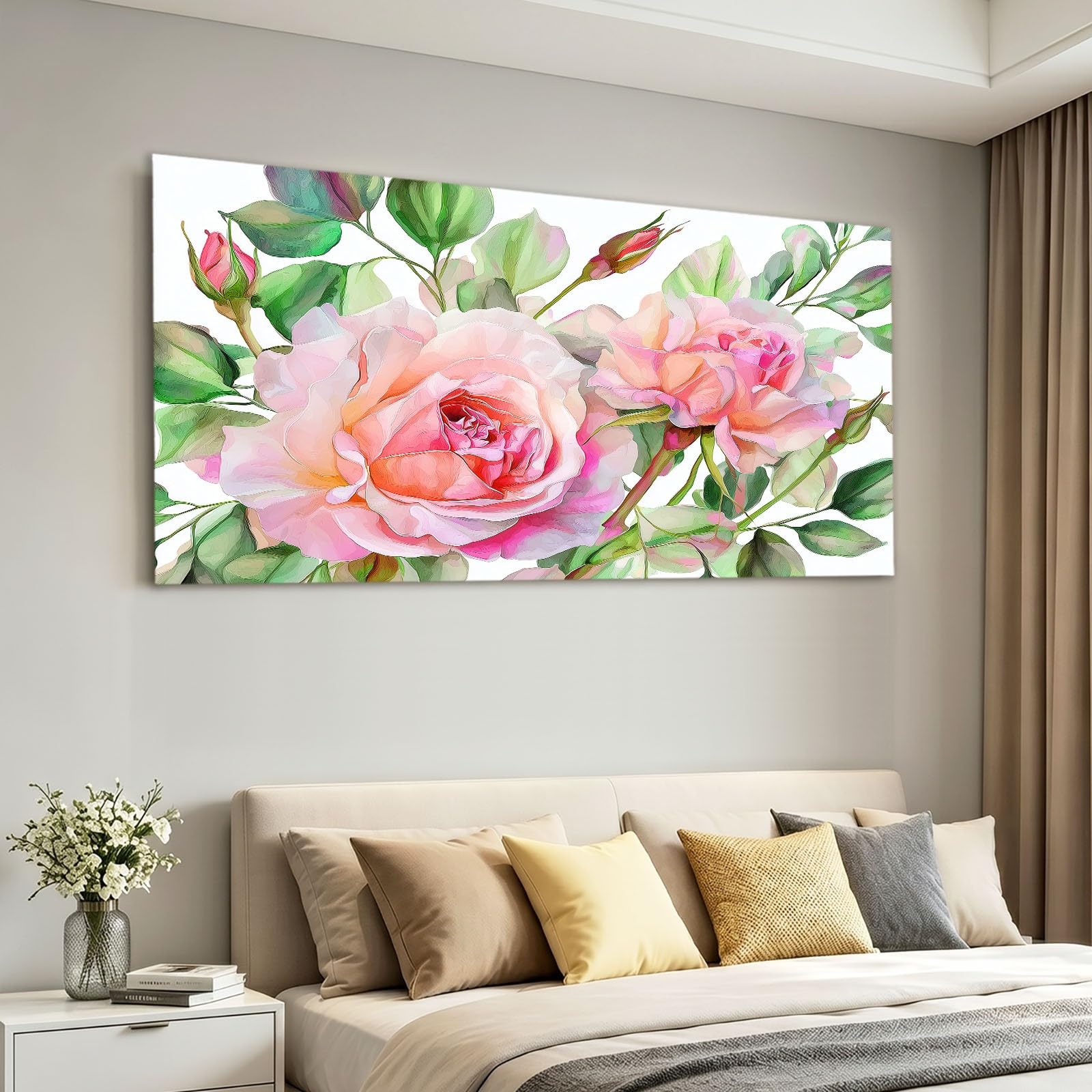 Genérico Impresión sobre lienzo Naturaleza Cuadro Decoracion Pared Pintura 120 x 80 cm Verde Floral Rosa Plantas Hojas - Carteles Arte para Salón, Dormitorio, Cocina, Oficina