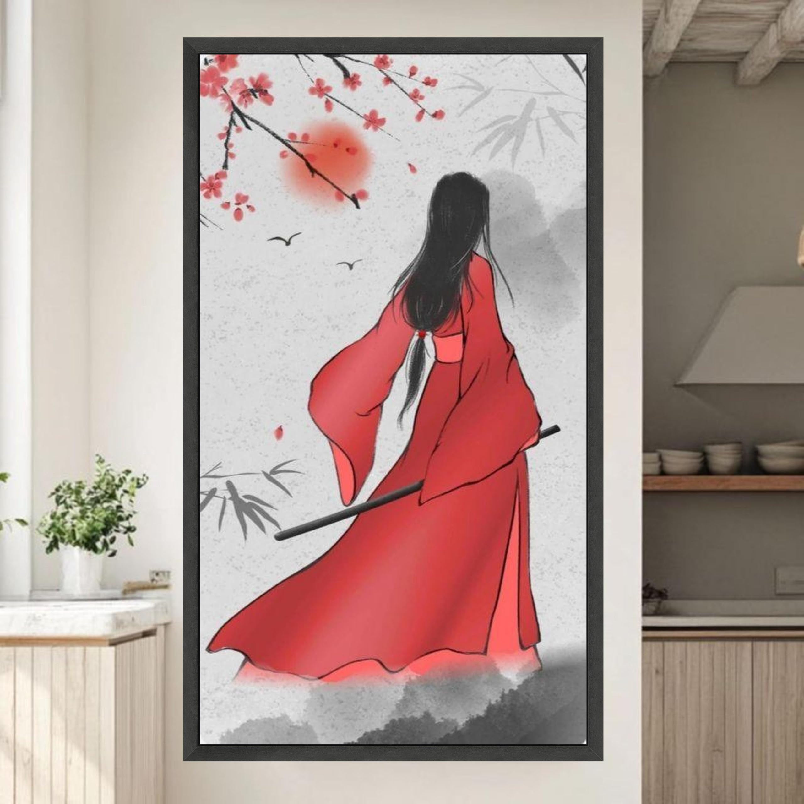 LMYCHENG Damskie płótno vintage czerwone kimono kwiat wiśni plakat kulturowy obraz na płótnie wydruki na płótnie obraz kobiecej figury (80 x 140 cm/rama wewnętrzna)