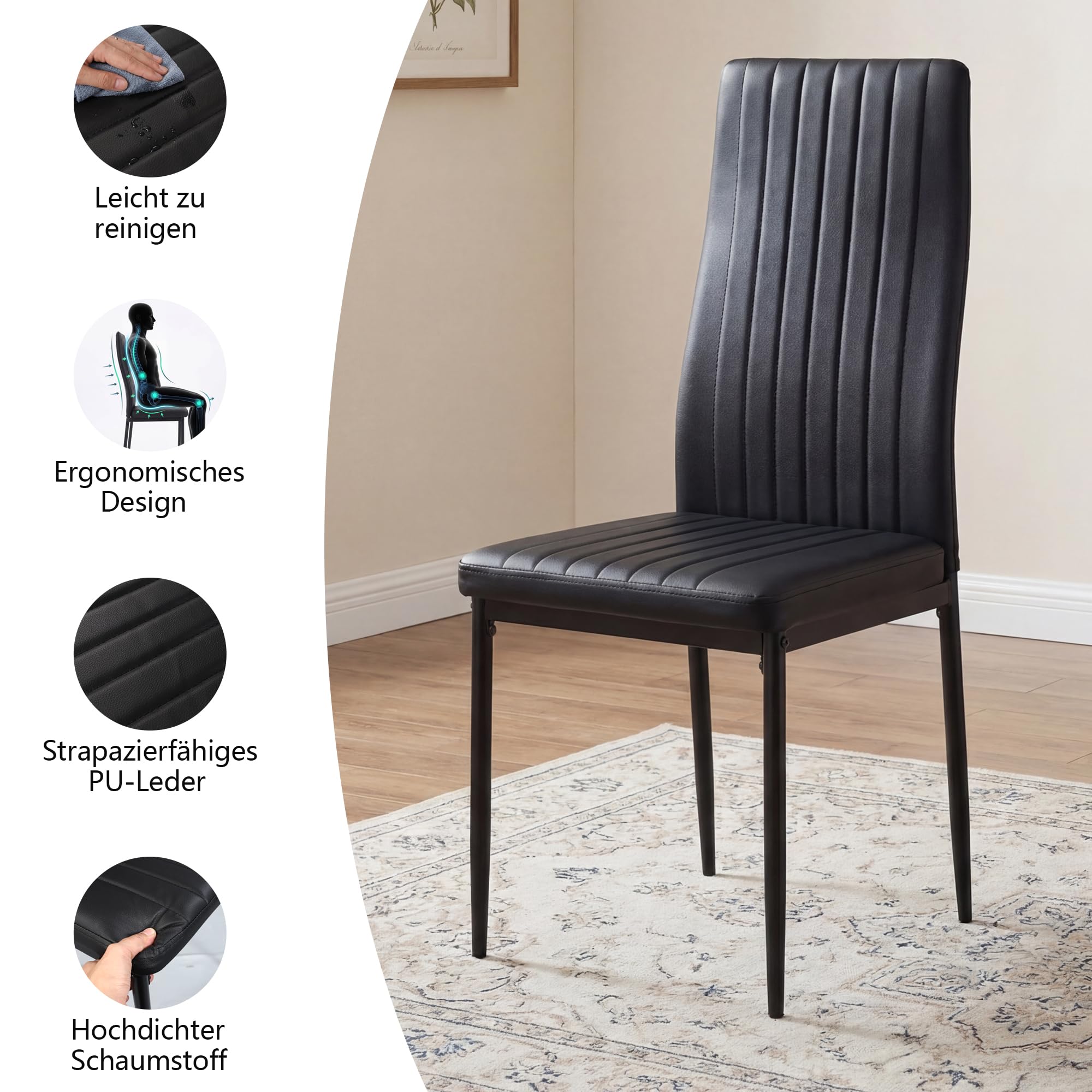Essgruppe Set Tisch und Stühle, Esstisch mit 6 Stühlen Esszimmergruppe, Strapazierfähiges Kunstleder, Tischplatte aus Sicherheitsglas,Sitzgruppe für Küche Esszimmer Wohnzimmer(120*75*60cm )