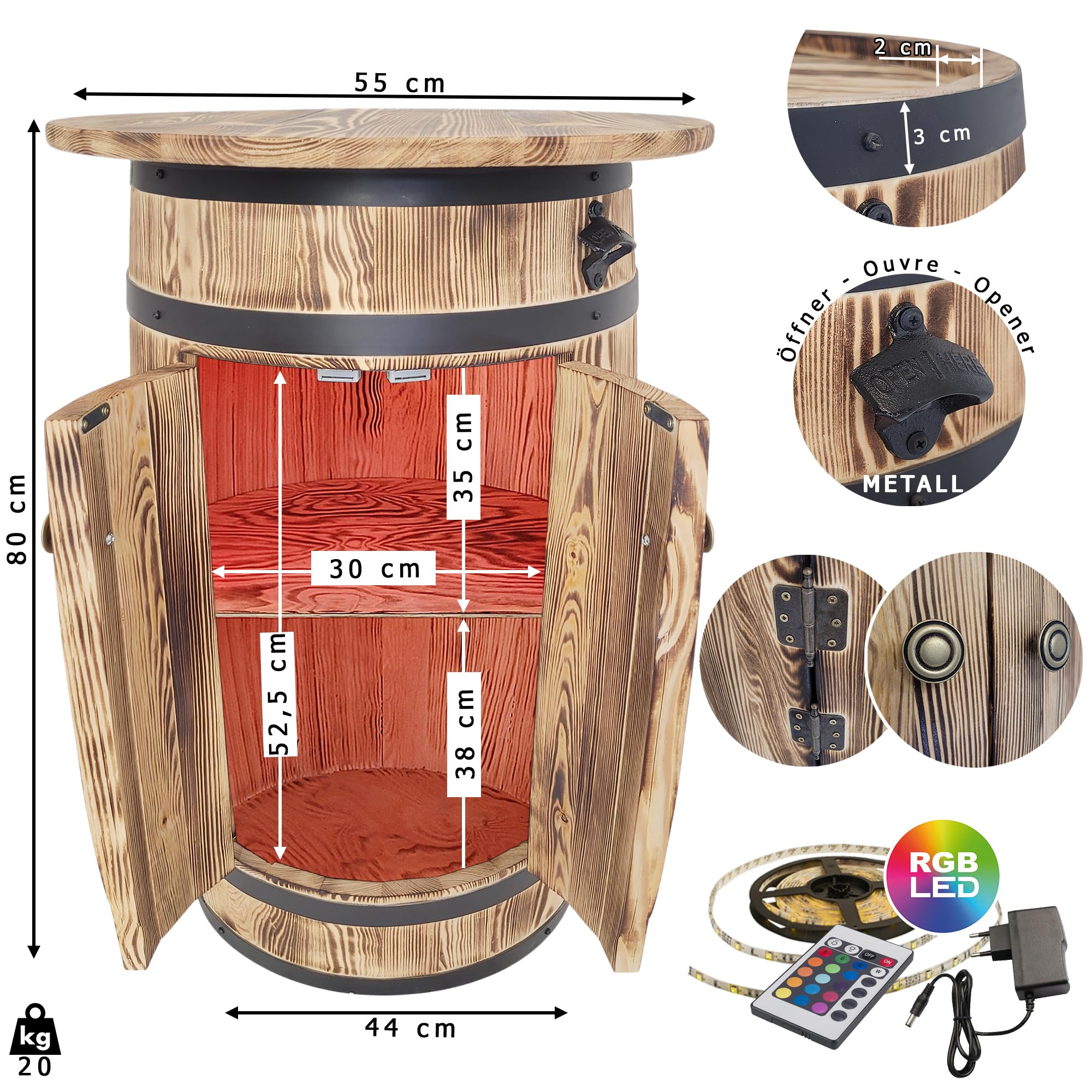 weeco Holzbar Fass mit RGB LED Ablage zur Aufbewahrung von Alkohol, Dekoratives Barschrank mit Regalböden und Türen, Weinregal für Wohnzimmer oder Küche, 80x55x44 cm