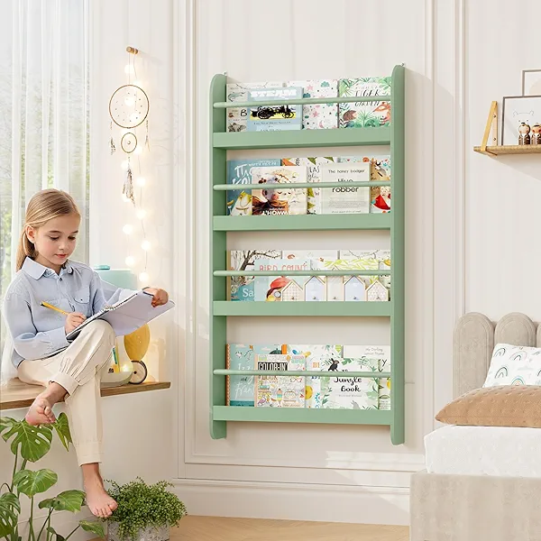 FOTOSOK Kids Bookshelf, Wall Mount 4-Tier Book Shelf Organizer for Toys and Books, Toy Storage Bookshelf in Bedroom, Living Room and Nursery, Green