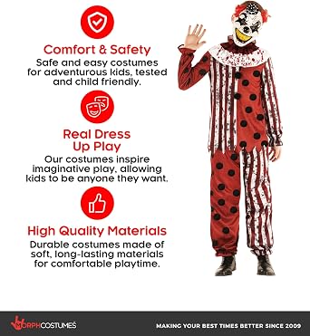 Morph, Scary Clown Costume Kids, Halloween Costumes for Kids | Printed Stripe, Polka Dot Top with Collar, Matching Trousers Included, Perfect for Halloween, Fun for Dressing Up