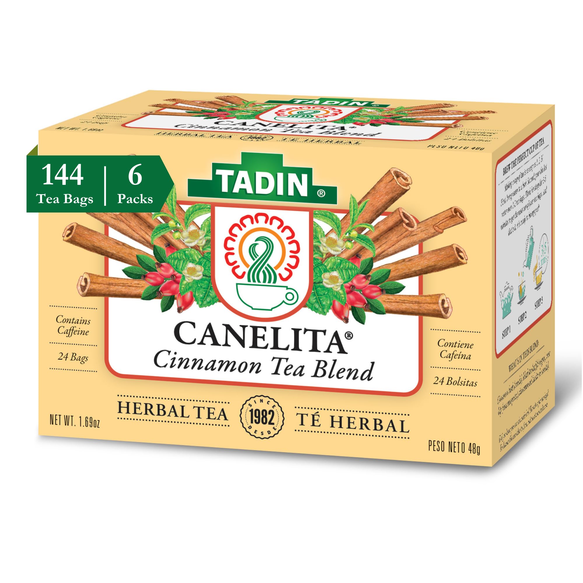 Tadin Cinnamon Tea Blend, Contains Caffeine, 24 Tea Bags Per Box, Pack of 6 Boxes Total