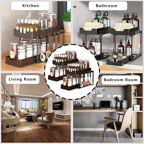 Miniatura 3 de Paquete de 2 organizadores y almacenamiento deslizantes dobles para debajo del fregadero, 2 niveles para cocina y baño, armario de almacenamiento