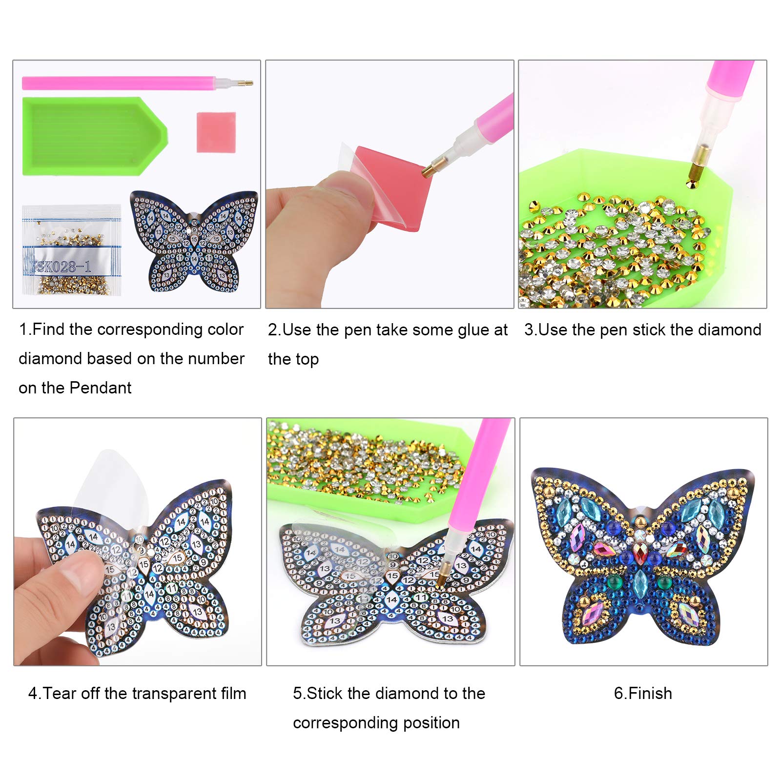 MWOOT 5 stuks 5D Diamond Art Painting sleutelhanger, doe-het-zelf dubbelzijdige diamant schildering, sleutelhanger met vlinder, uil, libel, bij, vogel, sleutelhanger, handwerk