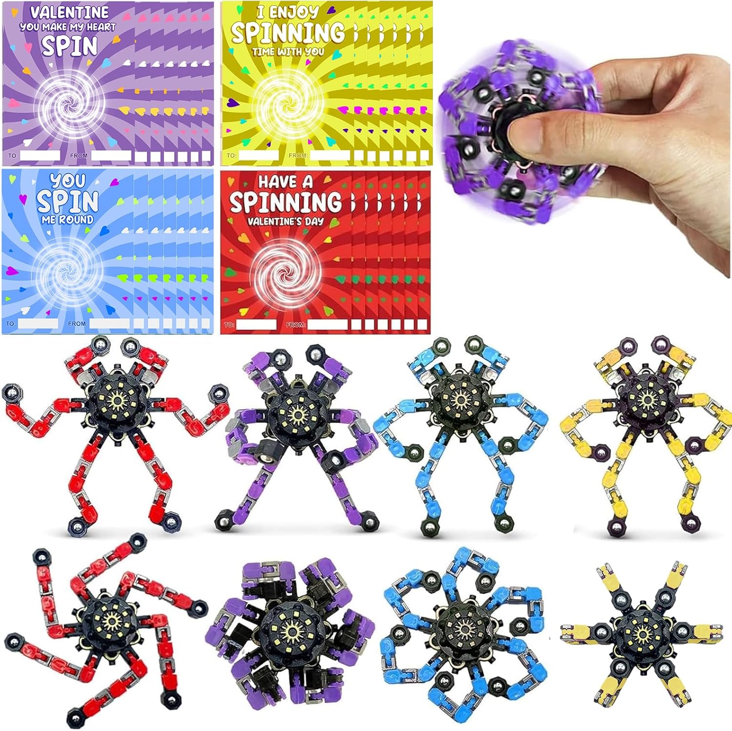 24 Set Valentines Day Cards for Kids Classroom,Fingertip Spinner Sensory Toys with Cards,Transformable Chain Robot Fidgets Spinners Toy,Valentines Party Favors Classroom Exchange,School Games Prize