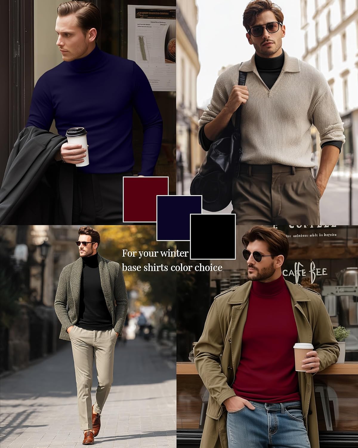 Ficerd 3 Pack Men's Turtleneck Shirts, Long Sleeve Cotton Pullover Sweaters Mock Neck Knitted T-Shirt Basic Slim Fit Tops - Image 2