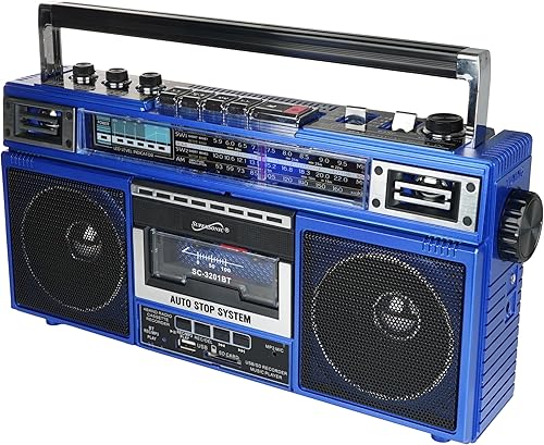 Supersonic SC-3201BT - Boombox de radio de 4 bandas y reproductor de cassette, altavoz Bluetooth, radio AMFMSW con reproducción de MP3, tarjeta USB