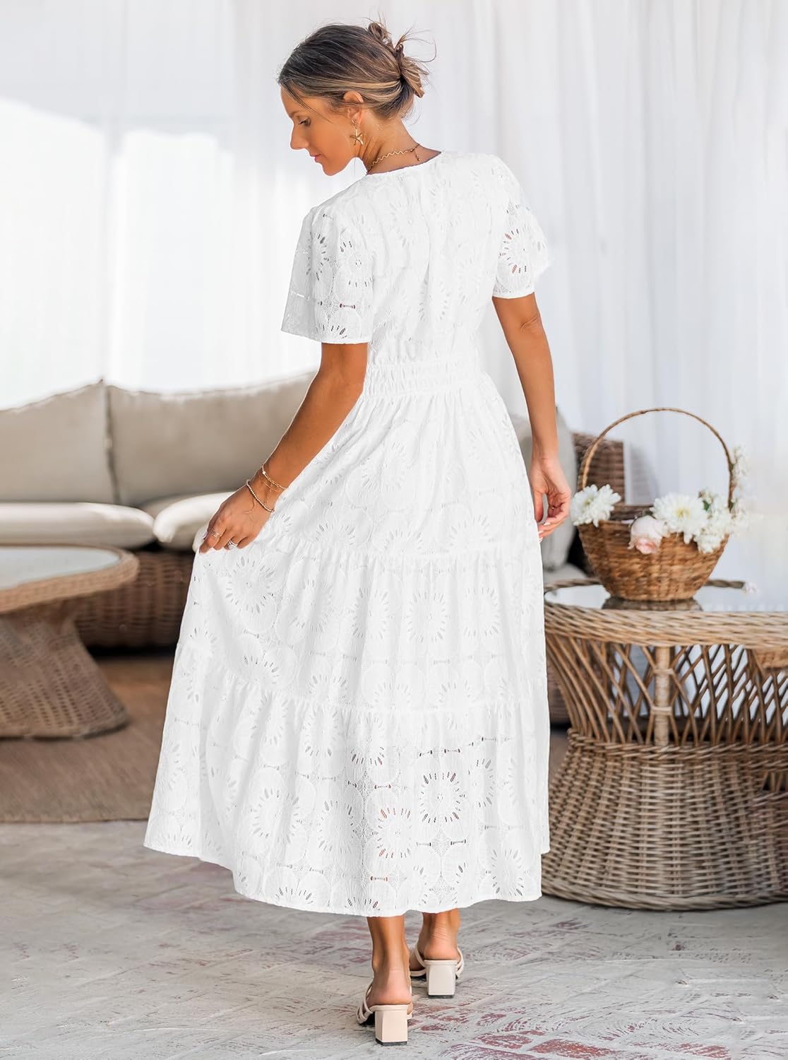 Summer Flowy Maxi Dresses for Women 2026 Spring Vacation Eyelet Lace Short Sleeve Wedding Guest Casual Boho Dresses - Image 6