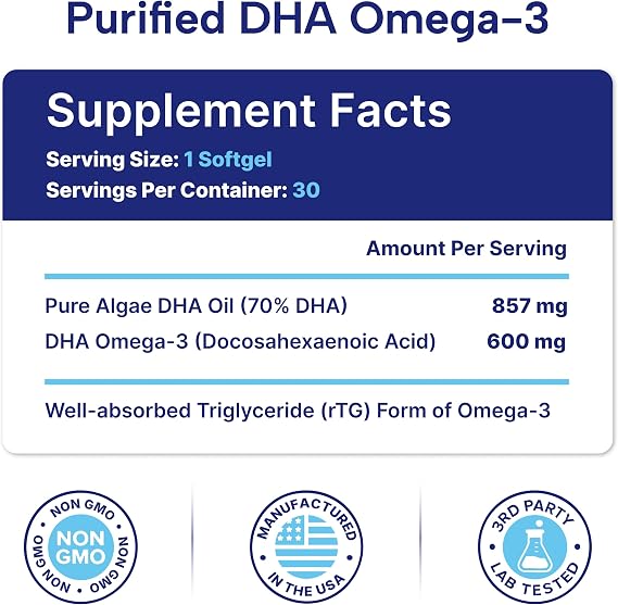 OmegaVia Prenatal DHA 600mg, Fish Oil Free Omega 3 Supplement (30 Softgels)