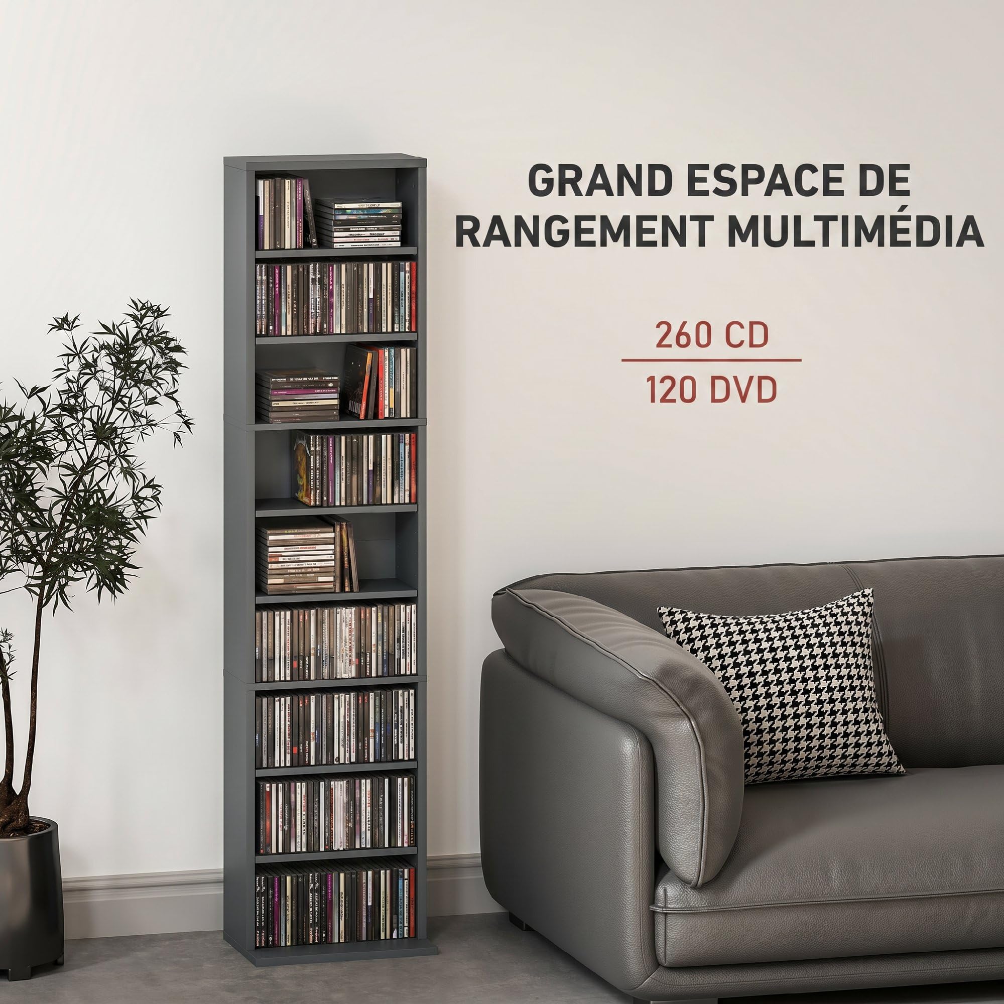HOMCOM Portaoggetti per CD e DVD, con capacità max. 260 CD / 120 DVD, 9 scomparti e 6 ripiani regolabili, per soggiorno, camera da letto, ufficio, 33 x 24 x 140 cm, grigio