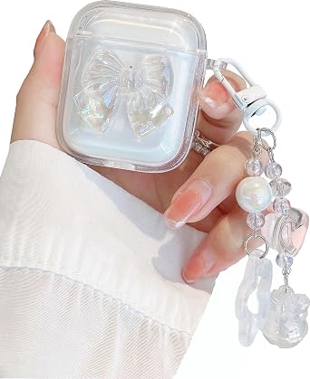 JANDM for AirPods Case Cover with Keychain,Shockproof Soft Clear Cute 3D Crysta Bowknot Design Cover with Bling Heart Beads Keychain for AirPods 2nd/1st Generation -Bowknot
