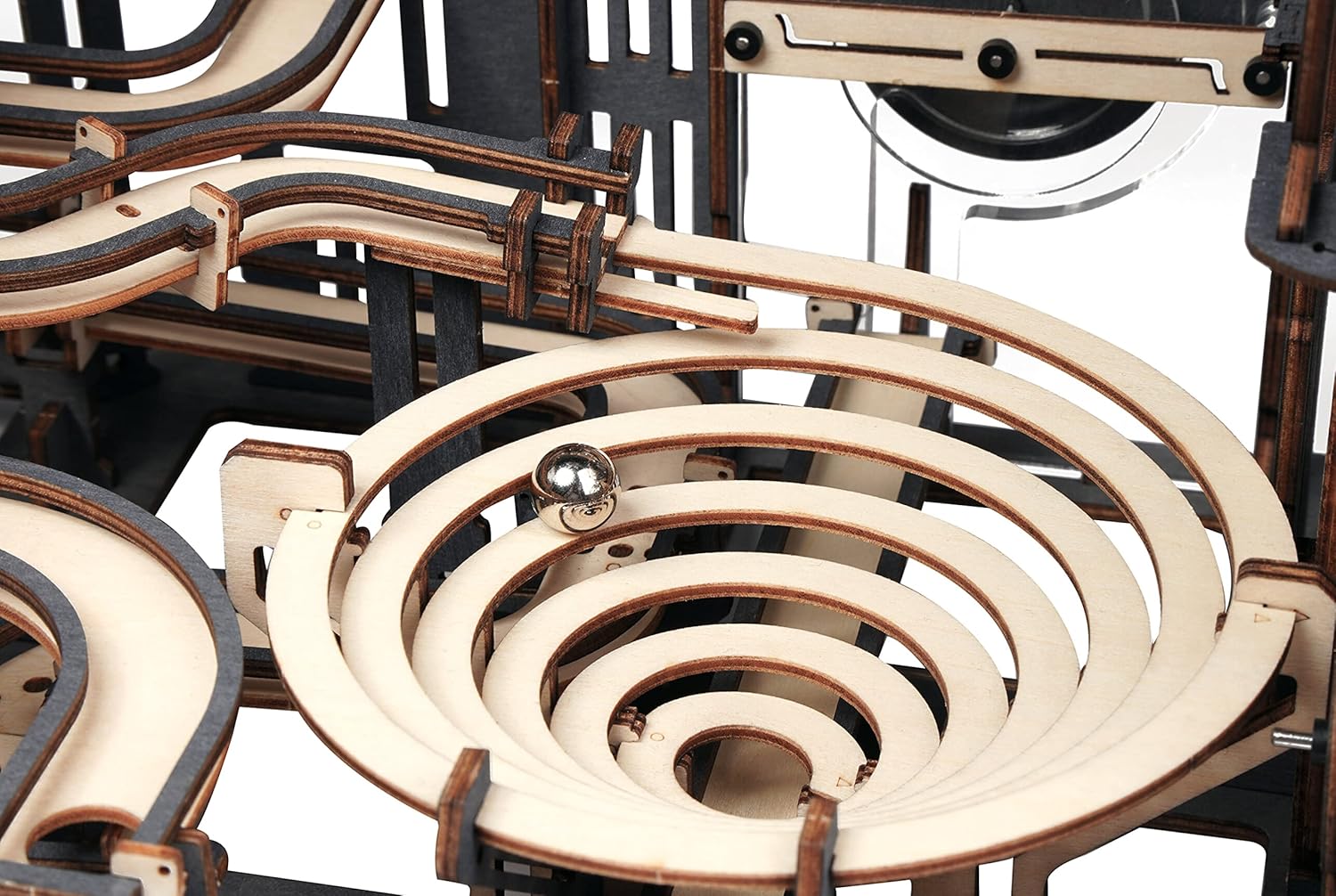 Close-up of a marble in the spiral track