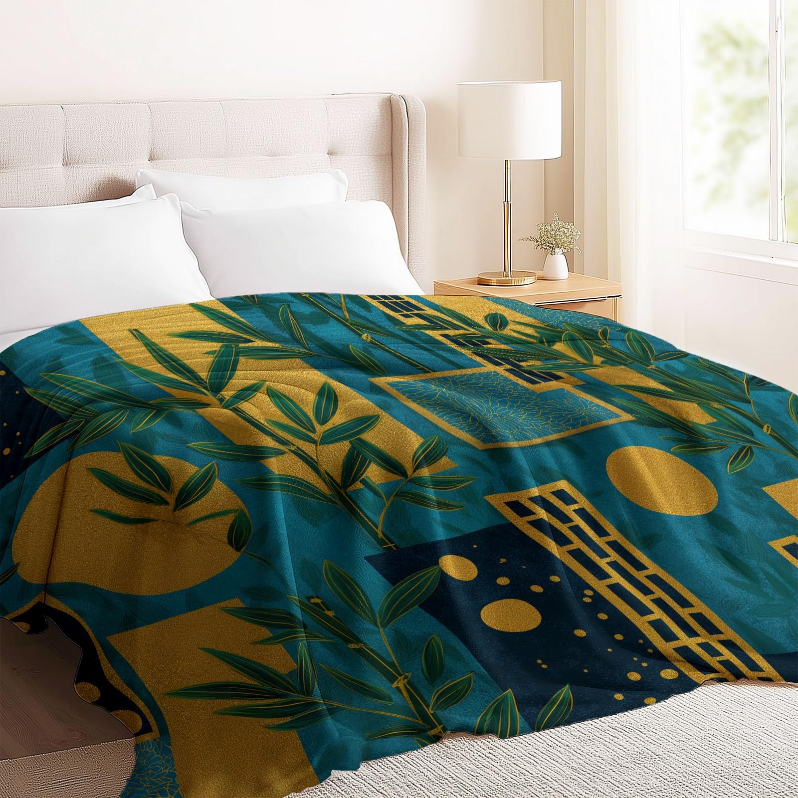 Koc flanelowy z nadrukiem w stylu vintage rośliny geometryczne liście bambusa, niebieski żółty miękki i ciepły - sofa rozkładana sypialnia, idealny prezent na wszystkie pory roku - 150 × 200 cm