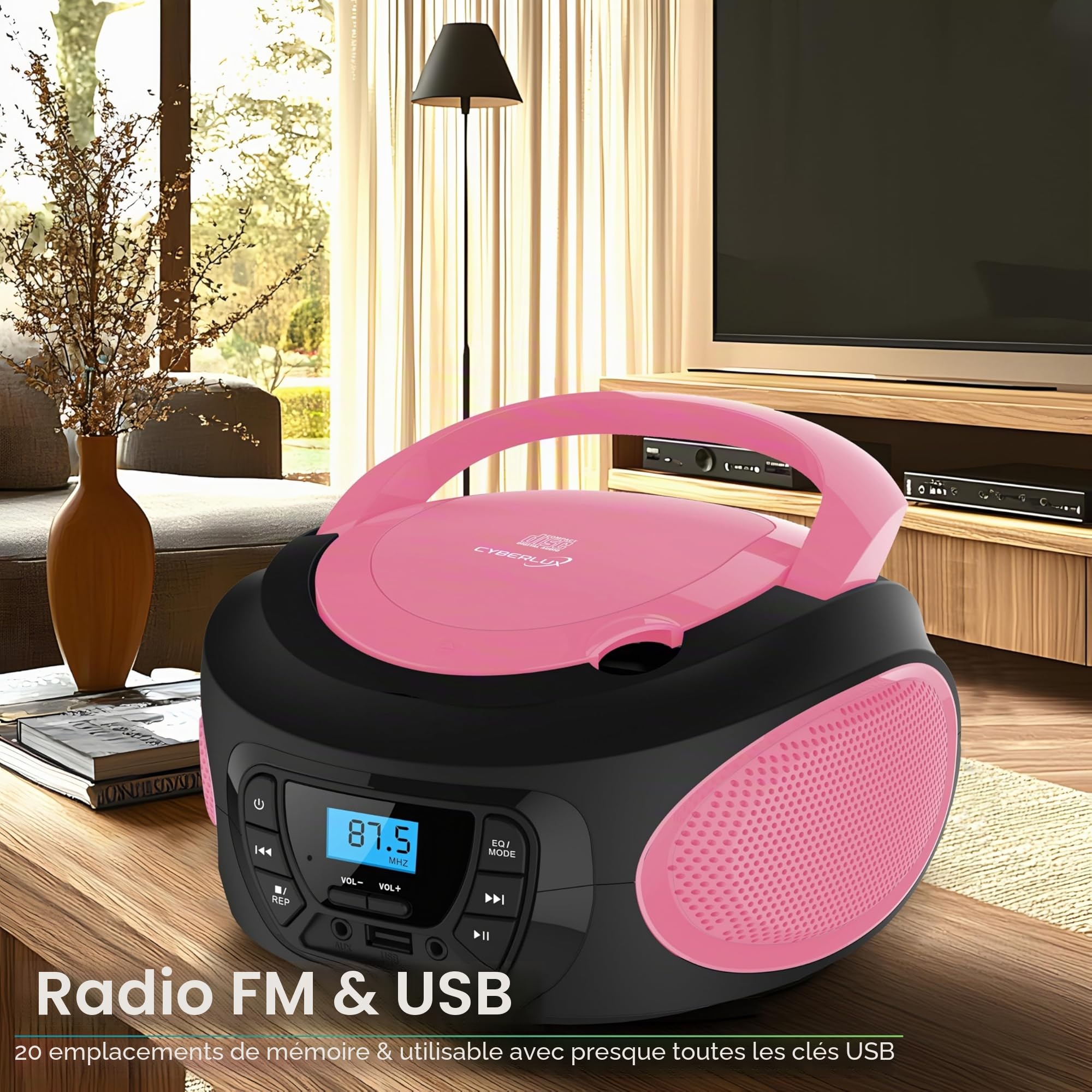 Boombox - Lecteur CD portable - CD/CD-R - USB - Radio FM enfants - Entrée AUX-IN - Prise casque - Chaîne stéréo - Système compact - Rose vif (Pretty Pink)
