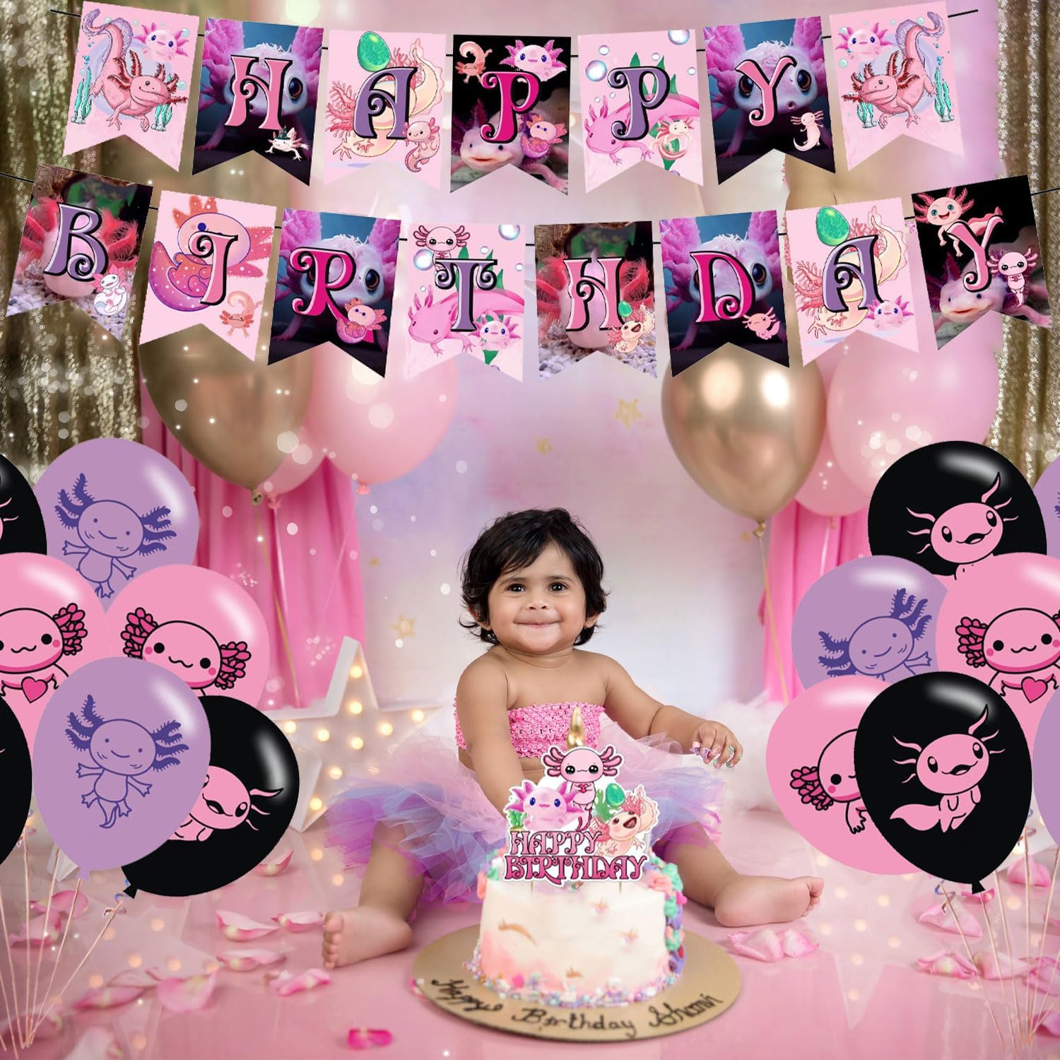 Axolotl Birthday Decoration - Pink Cartoon Axolotl, Kawaii Theme Banner, Cake Topper, Latex Balloons for Kids Party Supplies, Baby Shower