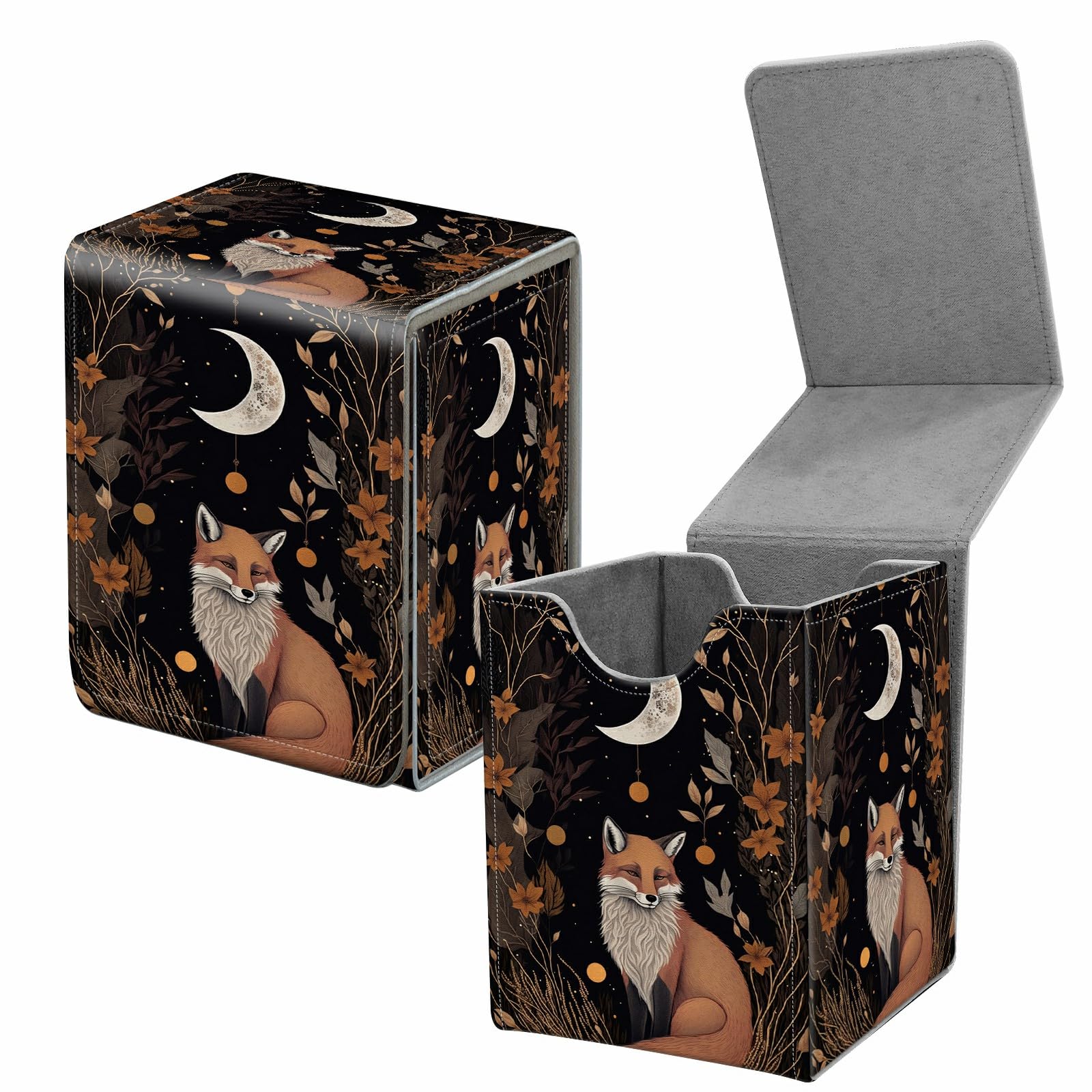 BREIDMKFM Card Deck Box for Trading Cards, MTG Commander Deck Box Fits 100+ Single Sleeved Cards, Leather Magnetic Card Storage Box for YuGiOh TCG CCG Cards, Fox Moon Trippy Animal Floral