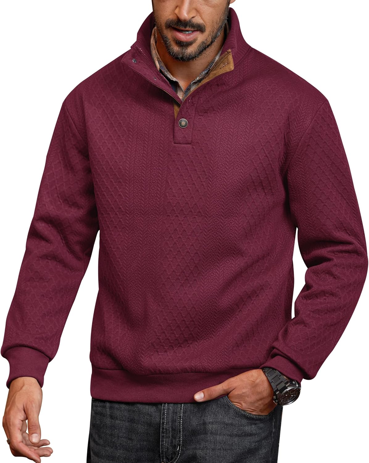 Men's Textured Thermal Sweatshirt Heavyweight Fleece Lined Pullover with Elbow Patches (S-XXL)