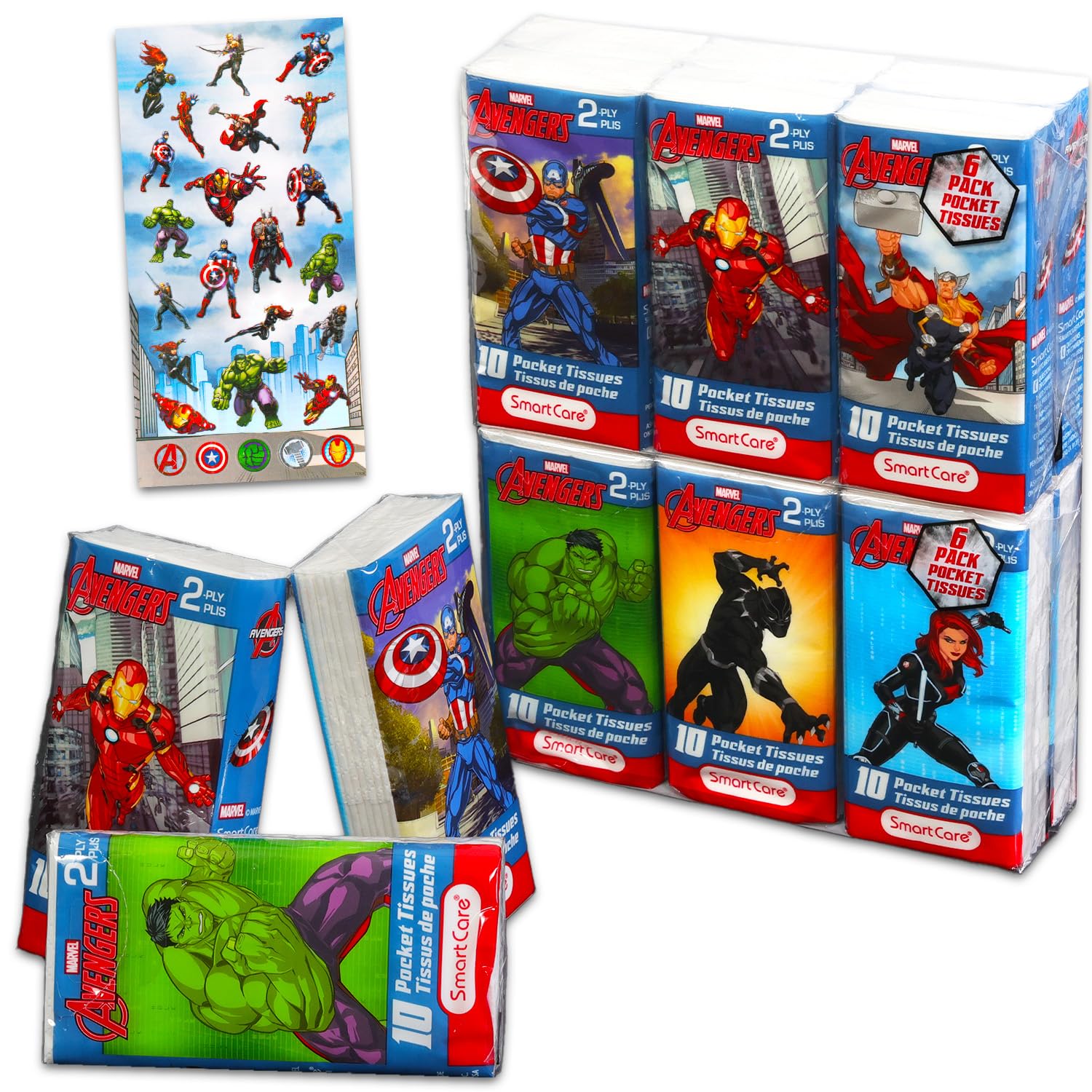 Avengers Pocket Size Facial Tissues Set - 12 Packs of 10 Sheets (120 Sheets) Plus Stickers | Marvel Disposal Tissues for Travel, School, Classroom
