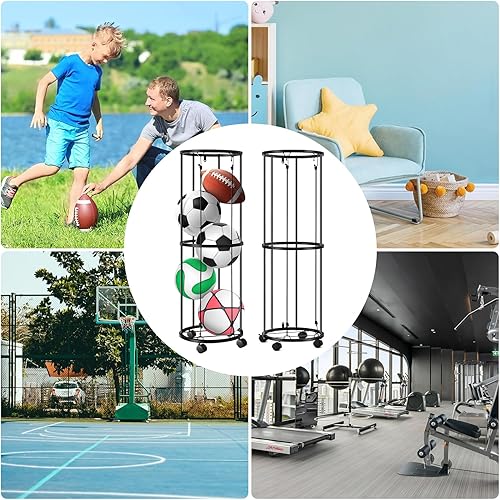 Miniatura 6 de Columnar - Estantes verticales de almacenamiento de bolas con ruedas, soporte de pared duradero para baloncesto, voleibol, ahorro de espacio,