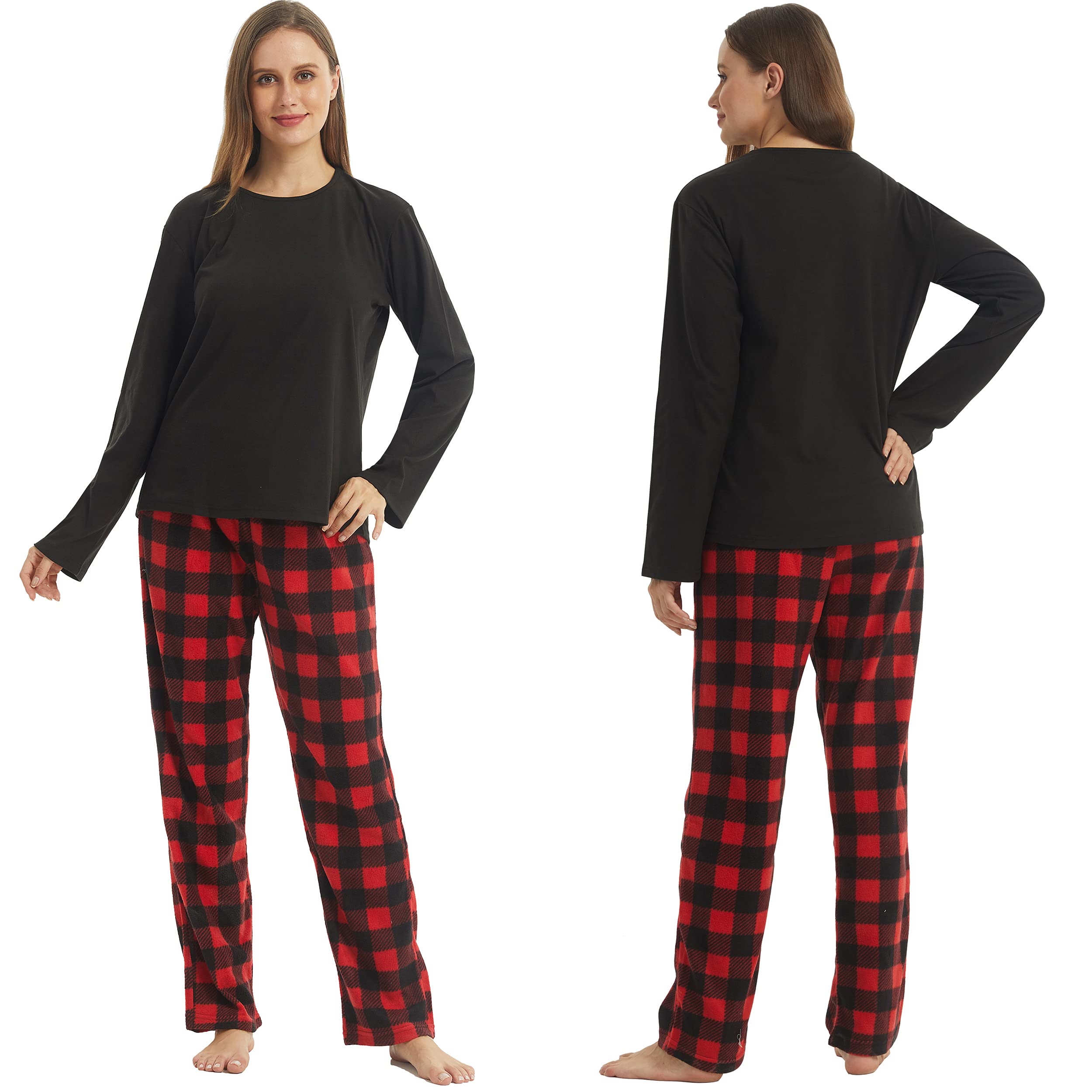 YUSHOW Pyjama Femme en Polaire Hiver Haut Col Rond Bas Carreaux avec Poches