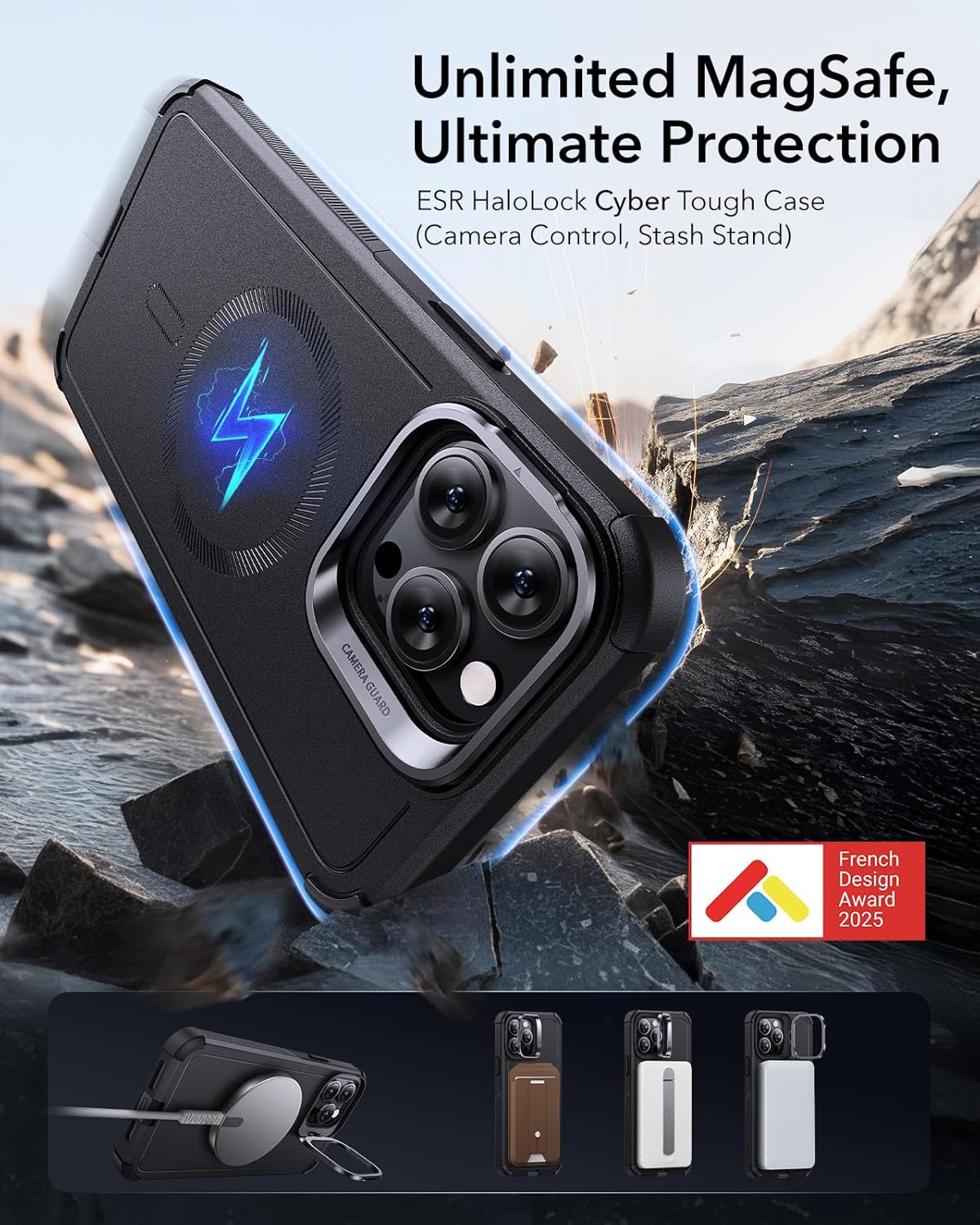 ESR for iPhone 14 Pro Max Phone Case with Stand, 23ft Military-Grade Drop Protection Heavy Duty Magnetic Phone Case, Compatible with MagSafe Accessories, Cyber Series, Black