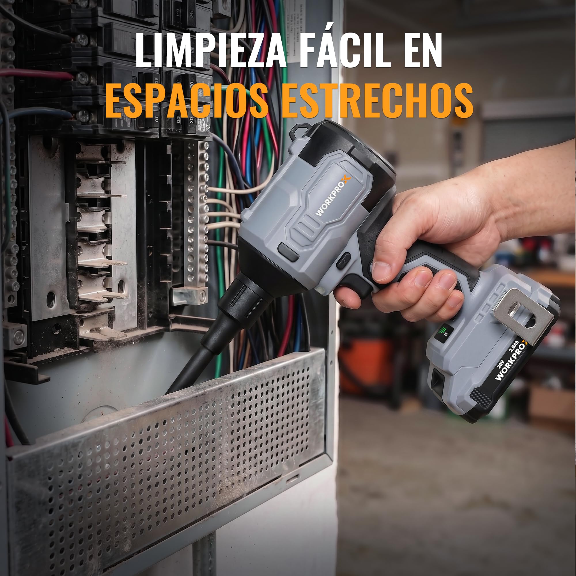 WORKPROX 20V Soplador de Aire Potente con Motor Sin Escobillas | Soplador Eléctrico con Batería Recargable de 2 Ah, 470 MPH, 4 Niveles de Velocidad, Función de Soplado/Aspiración, Luz LED