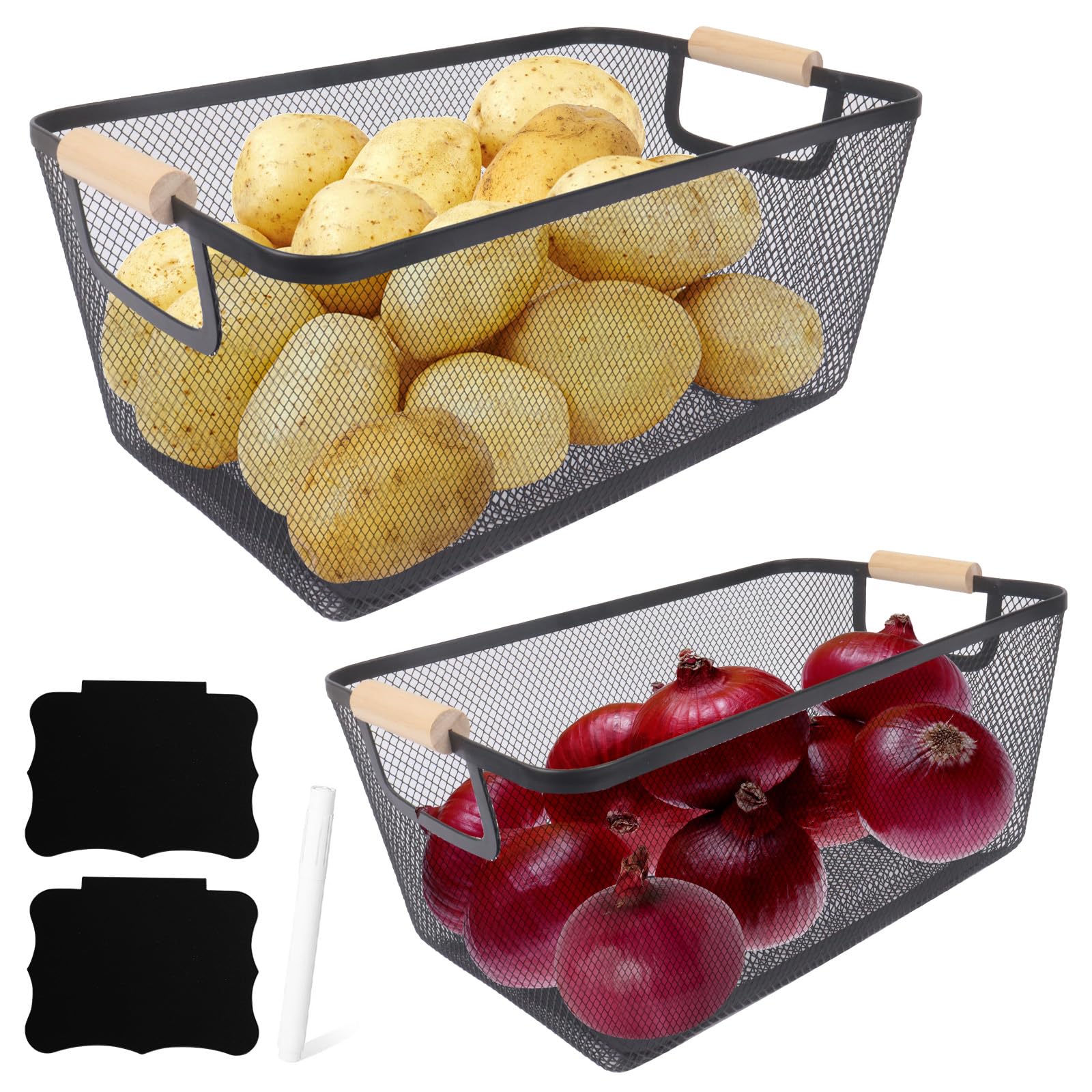 Xbopetda Potato and Onion Storage Bin, 2 Set Potato Bin Storage and Onion Container with Wooden Handle, Pantry Kitchen Organization and Storage, Metal