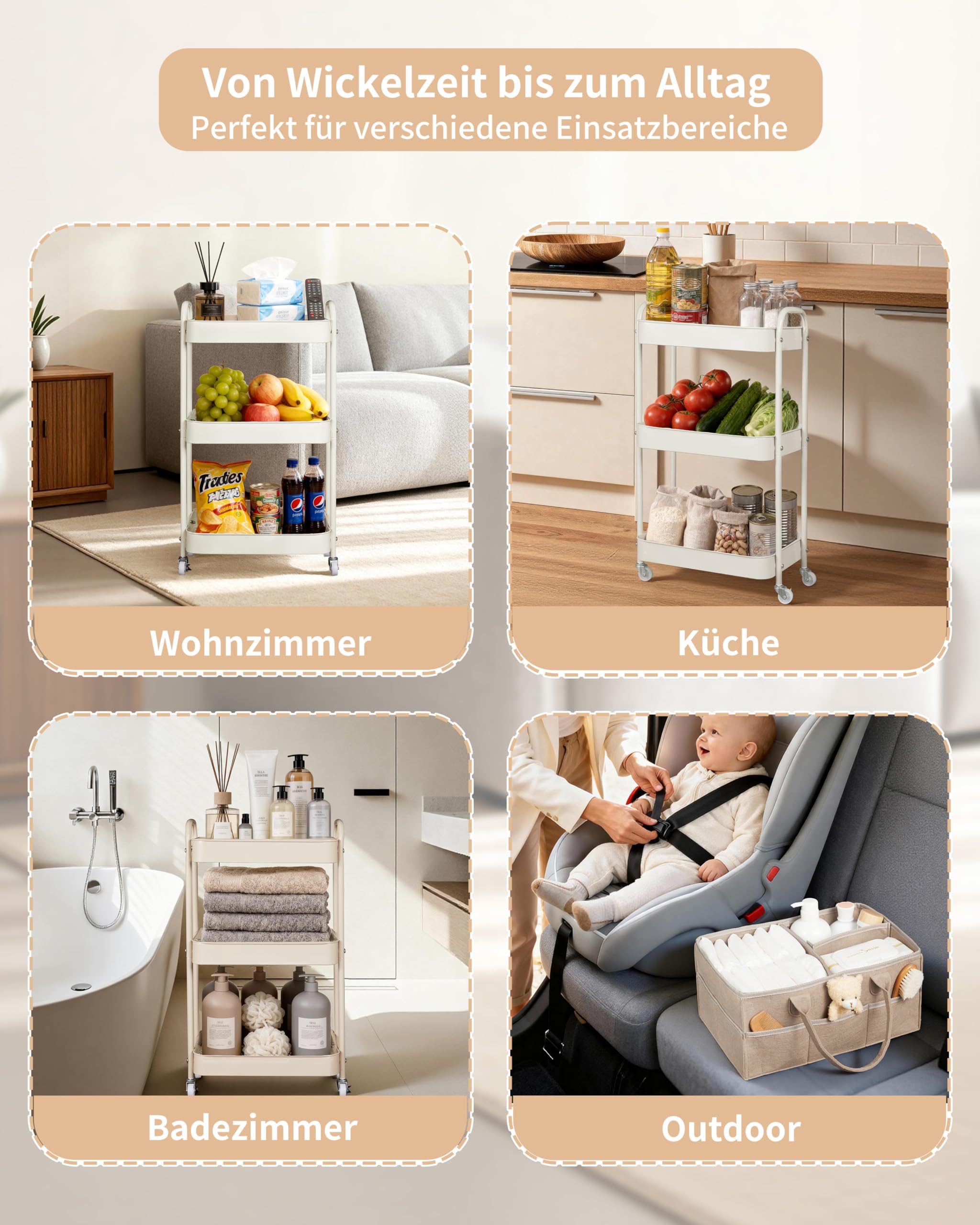 Fortella Wickeltisch Organizer Tragbar mit Rollwagen, für Baby Erstausstattung Neugeborene Wickeltasche und Newborn Baby Essentials, Auch als Servierwagen mit Rollen, Küchenregal Kleines Regal (Braun)