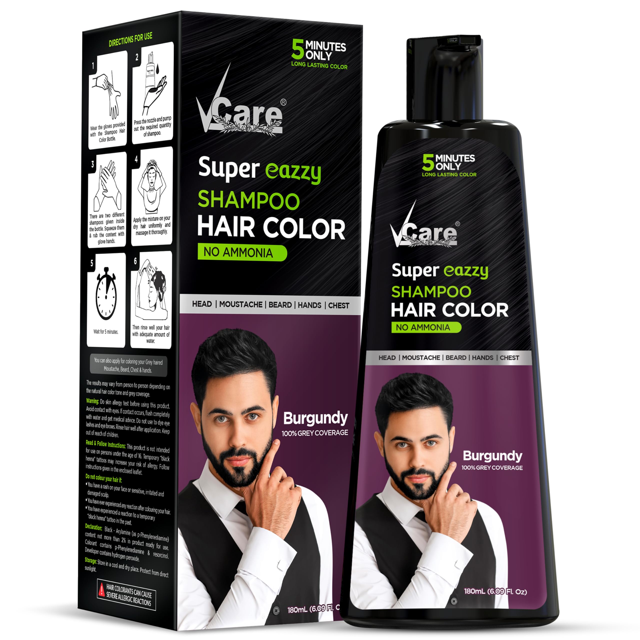 VCare Super Eazzy Hair Colour Shampoo for Women and Men 180ml | Only 5 Minute Root Hair Dye Coloring Kit Head, Moustache, Beard, Hands, Chest | No Parabens, Ammonia And Sulfates (180ml, Burgundy)-image-47