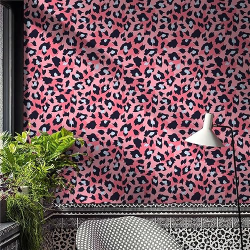 Miniatura 7 de Ismoon Papel tapiz único rosa para despegar y pegar de 161 x 118 pulgadas papel tapiz colorido de leopardo papel de contacto rosa moderno papel de