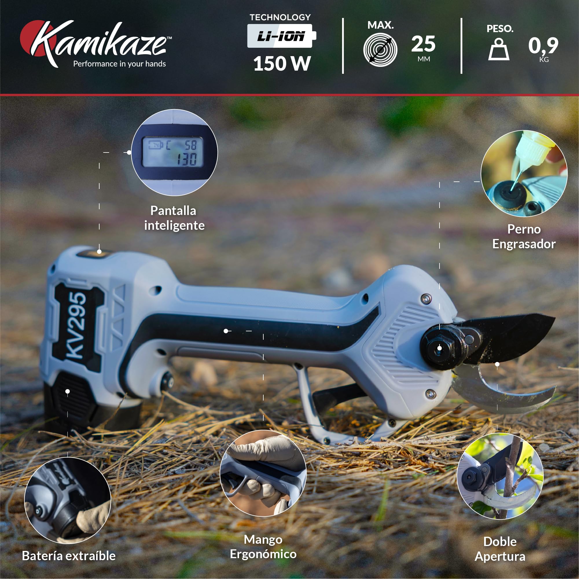 KAMIKAZE KV295 Tijera de Poda Eléctrica Profesional para Viña y Árboles Frutales, Corte 25 mm, 14,4V, 2,5Ah, Autonomía 6 Horas